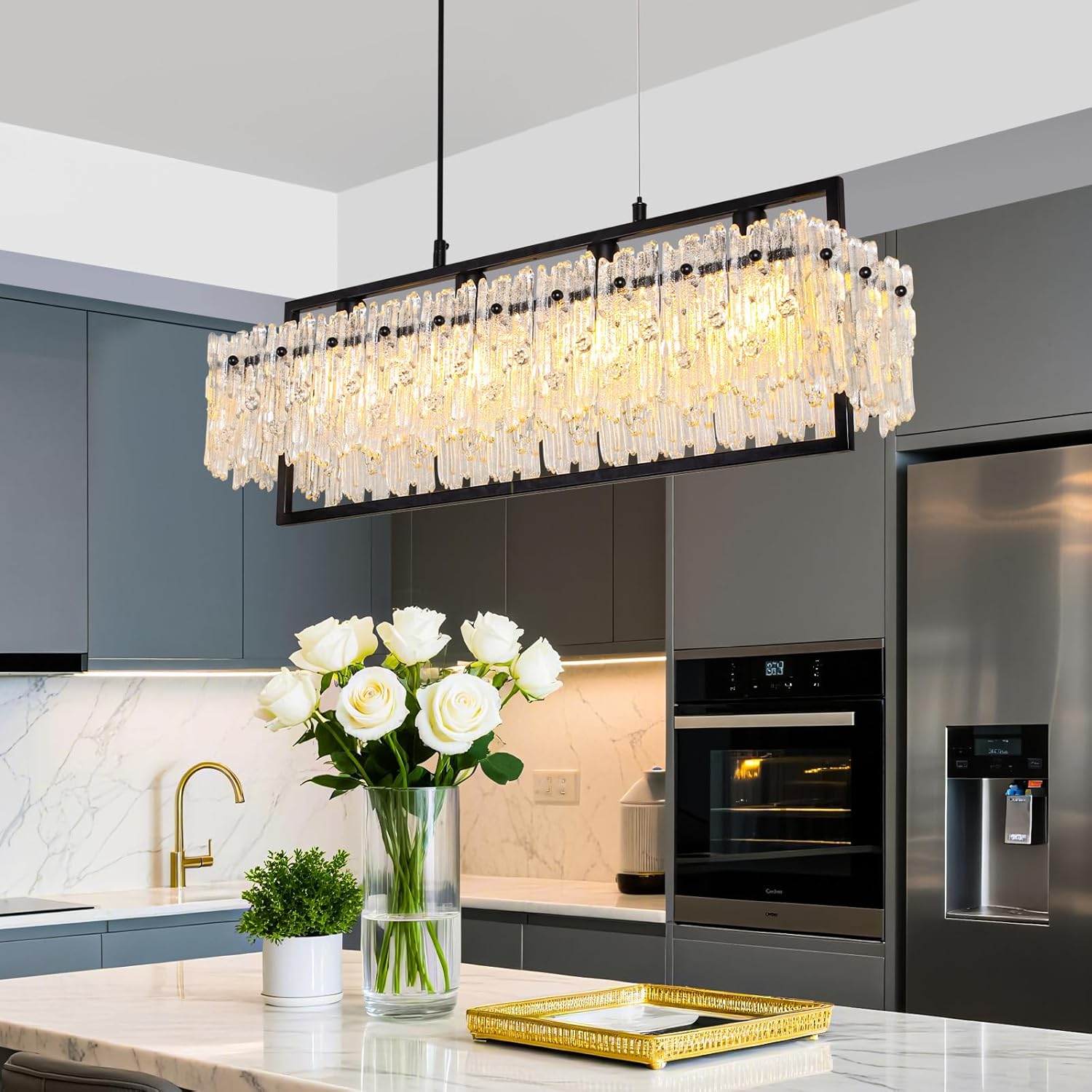 Dining Room Light Fixture Modern Rectangle Black Crystal 4-Light Chandeliers for Dining Room 25" Linear Farmhouse Lighting Fixture for Kitchen Island Light Living Room