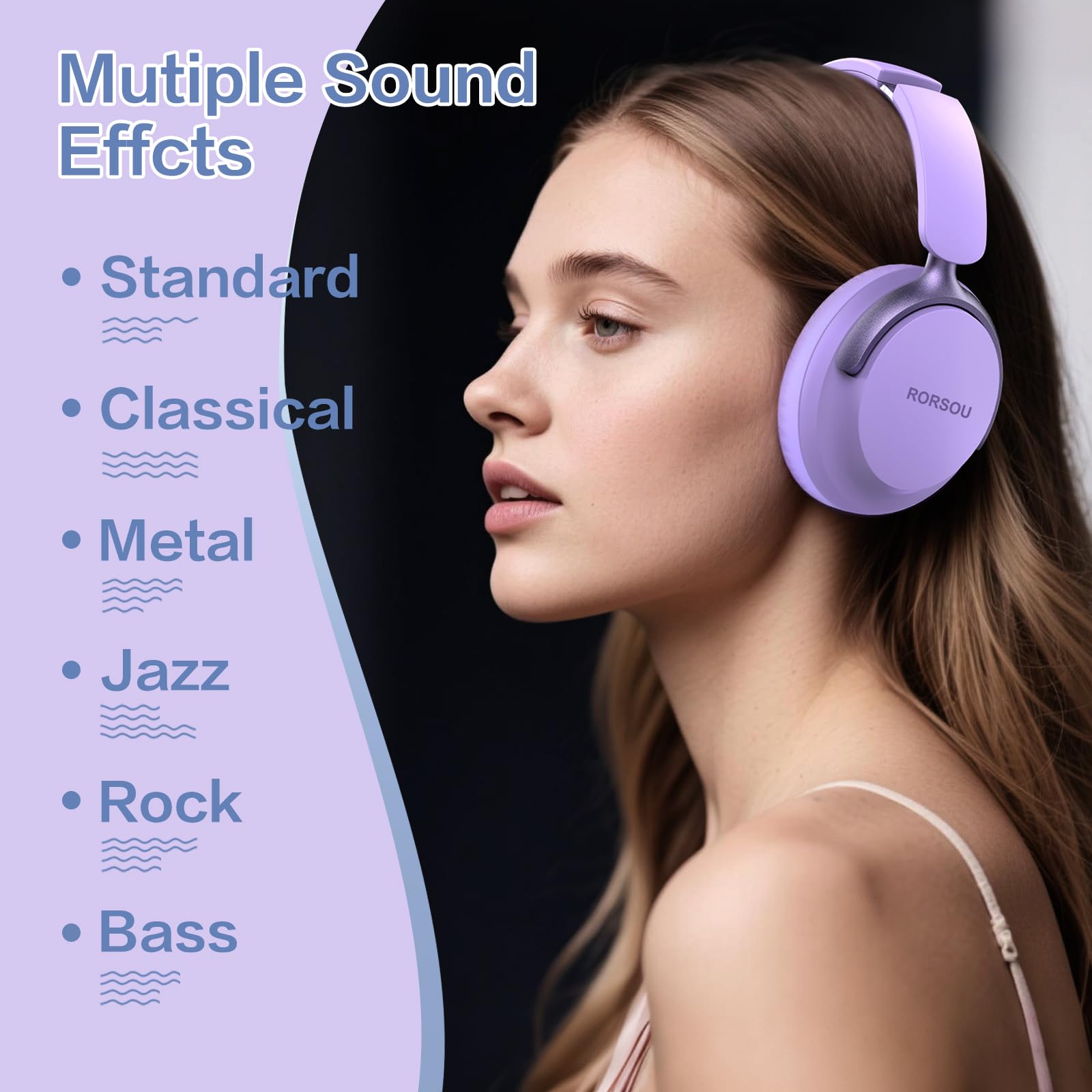 RORSOU B8 Cuffie Bluetooth su orecchio, 6 EQ modalità musicale e cuffie basse basse profonde da 50 ore con microfono, leggero Stereo pieghevole HiFi Viola