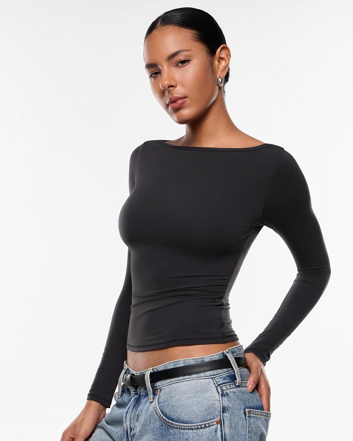 INLYRIC Women's Inbarely Ultra Long Sleeve Shirts Boat Neck Double Lined Going Out Tops Tight Fit Basic Tees - Image 2