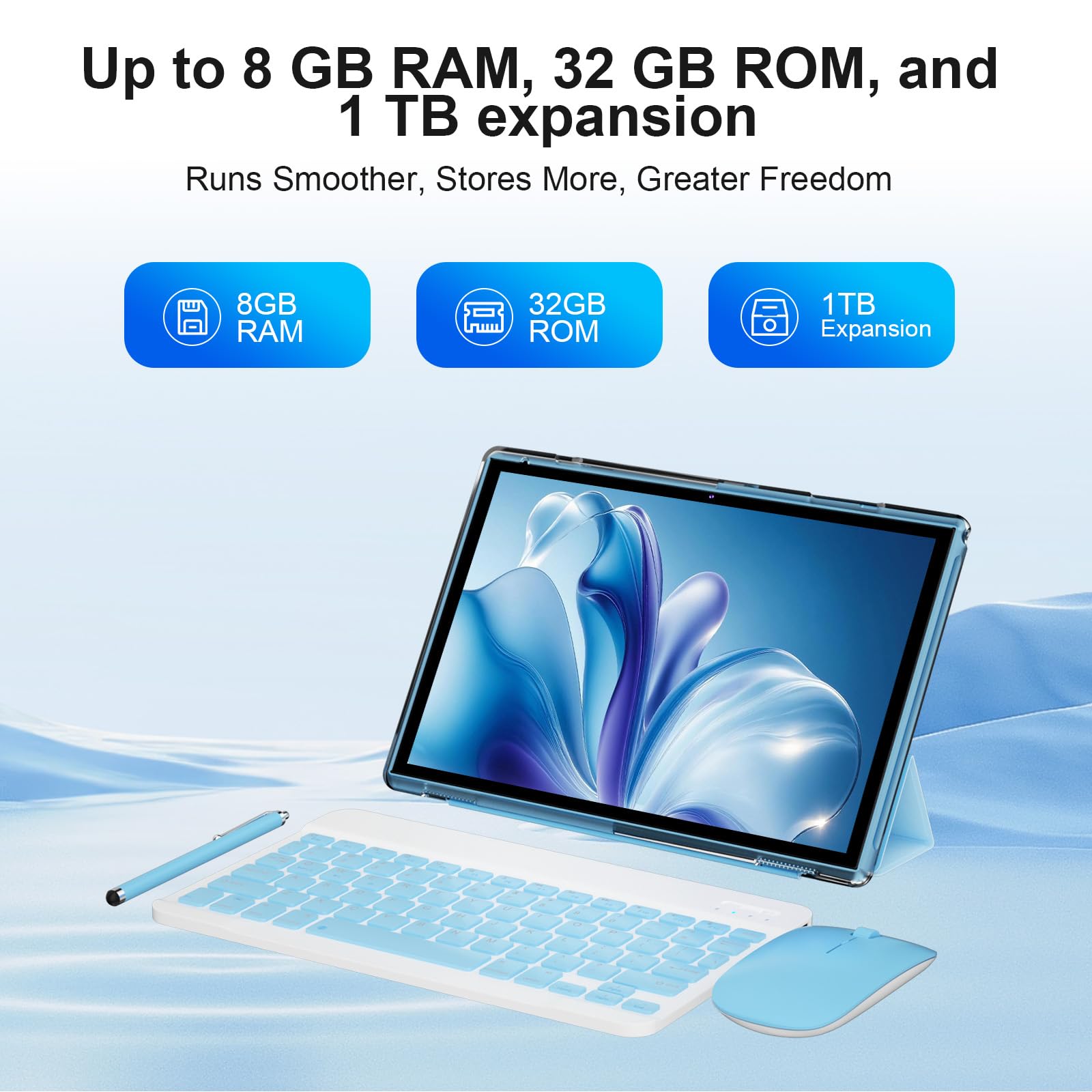 Tablette 2 en 1 Android 14 tablettes avec clavier 10", étui avec stylet souris, film trempé, tablette 6 000 mAh, 6 Go + 32 Go de ROM, tablette extensible 1 To, double caméra 2 MP + 8 MP, WiFi BT