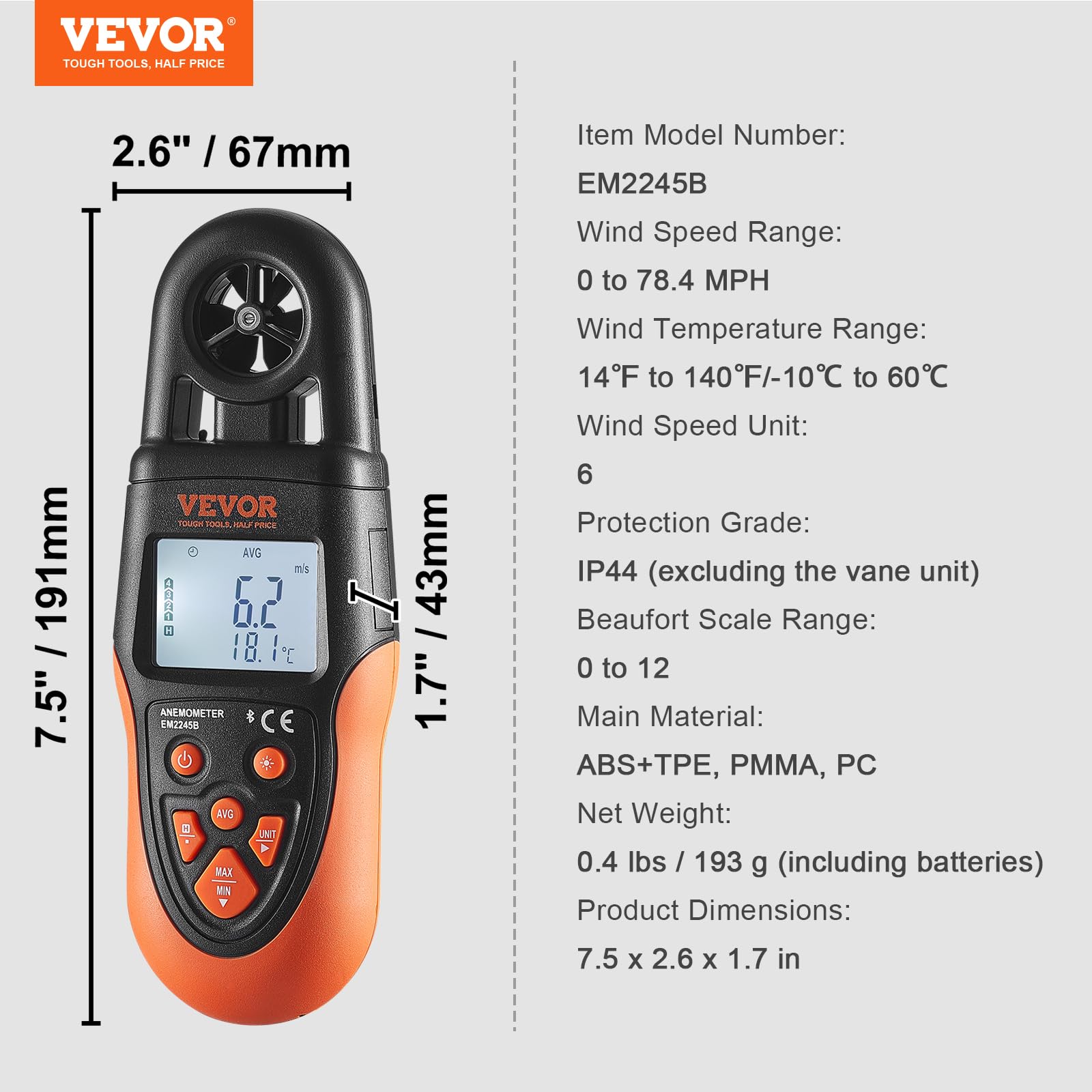 VEVOR Anémomètre Portable -10 ℃ à 60 ℃ Mesure Vitesse du Vent, Température du Vent, Flux d'Air, Refroidissement Éolien, Anémomètre Numérique avec Écran Rétroéclairé LED pour Voile Surf Drone Vol CVC