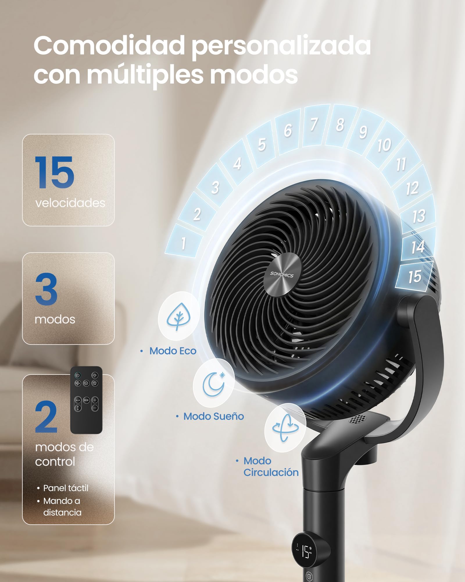 SONGMICS Ventilador de Pie, Ventilador Silencioso 20 dB, Mando a Distancia, Dormitorio, Oscilante 120°+135°, 15 Velocidades, Temporizador 15 Horas, 3 Modos, Altura Ajustable, Negro Tinta XFC002B1EU