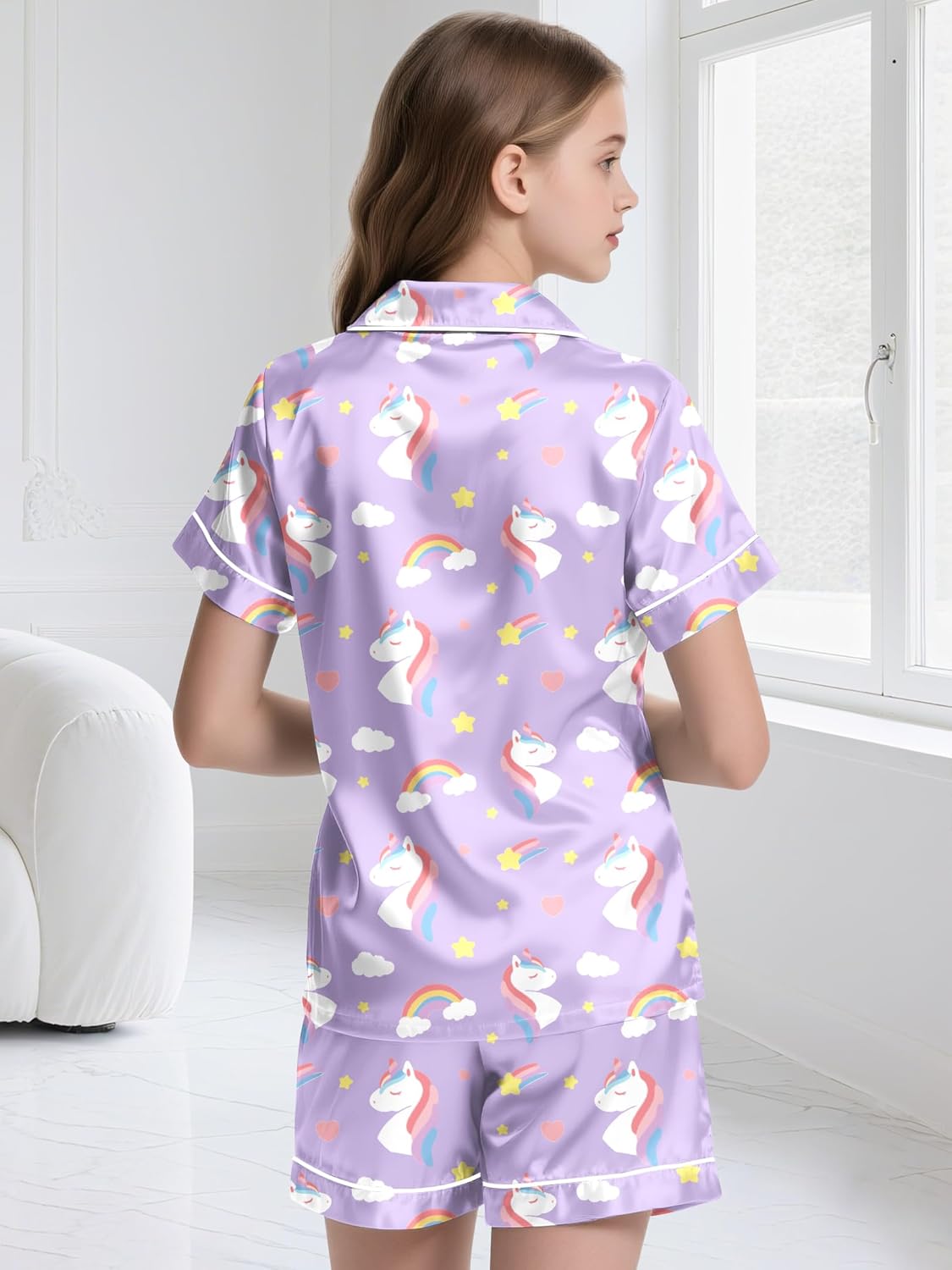 Girls Pajamas 2 Pieces Silky Satin Pajamas Set Short Sleeve & Pants Sleepwear Loungewear Button Down Pjs Set for Girls, Purple Unicorn - Image 4