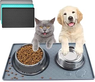 Dog Food Mat,Miaomitun Dog Cat Pet Feeding Mat,Waterproof Silicone Feeding Mat Placemat with Raised Edge for Dog Cat to Stop Food Spills and Water Messes Out to Floor, for Small Animals (S-Gray)