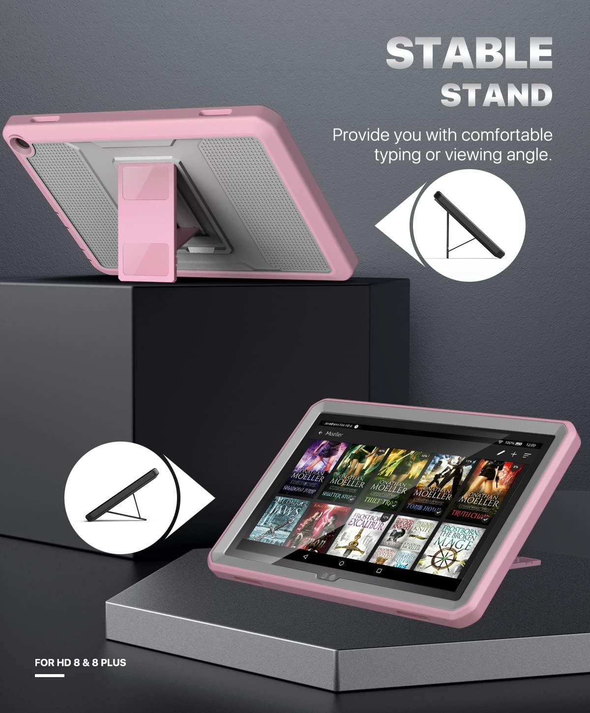 MoKo Protective Case Compatible with Kindle Fire HD 8 & 8 Plus Tablet (10th Generation, 2020 Release), Full Body Rugged Shell Heavy-Duty Cover with Built-in Screen Protector, Gray/Pink