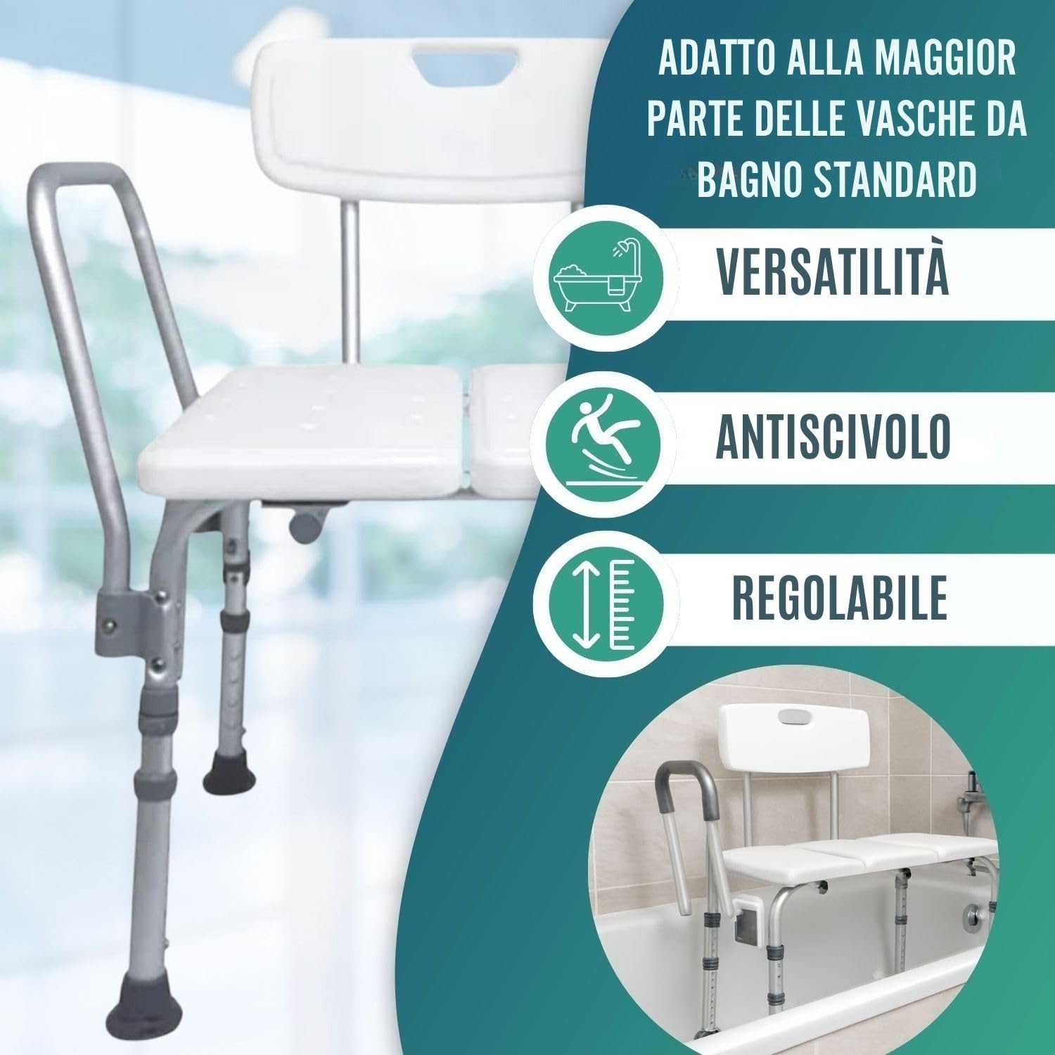 OrtoPrime Sedile per Vasca da Bagno per Anziani – Sedia per Vasca da Bagno Sicura – Seduta Vasca da Bagno Anziani Regolabile – Sgabello per Doccia
