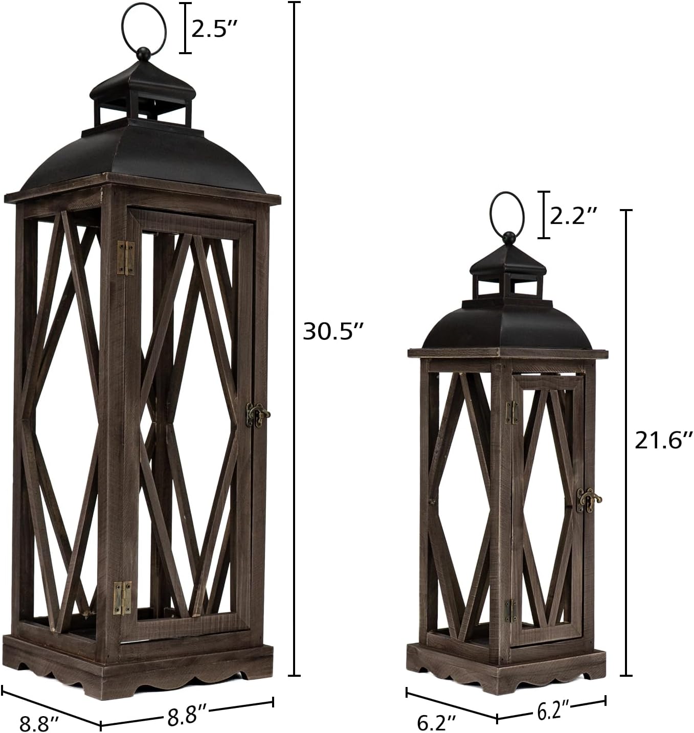 Large Rustic Farmhouse Wooden Candle Lanterns Decorative Set of 2, Extra Large Hanging Brown Candle Lanterns for Home Decor Garden Porch Indoor Outdoor Wedding Decor(No Glass)