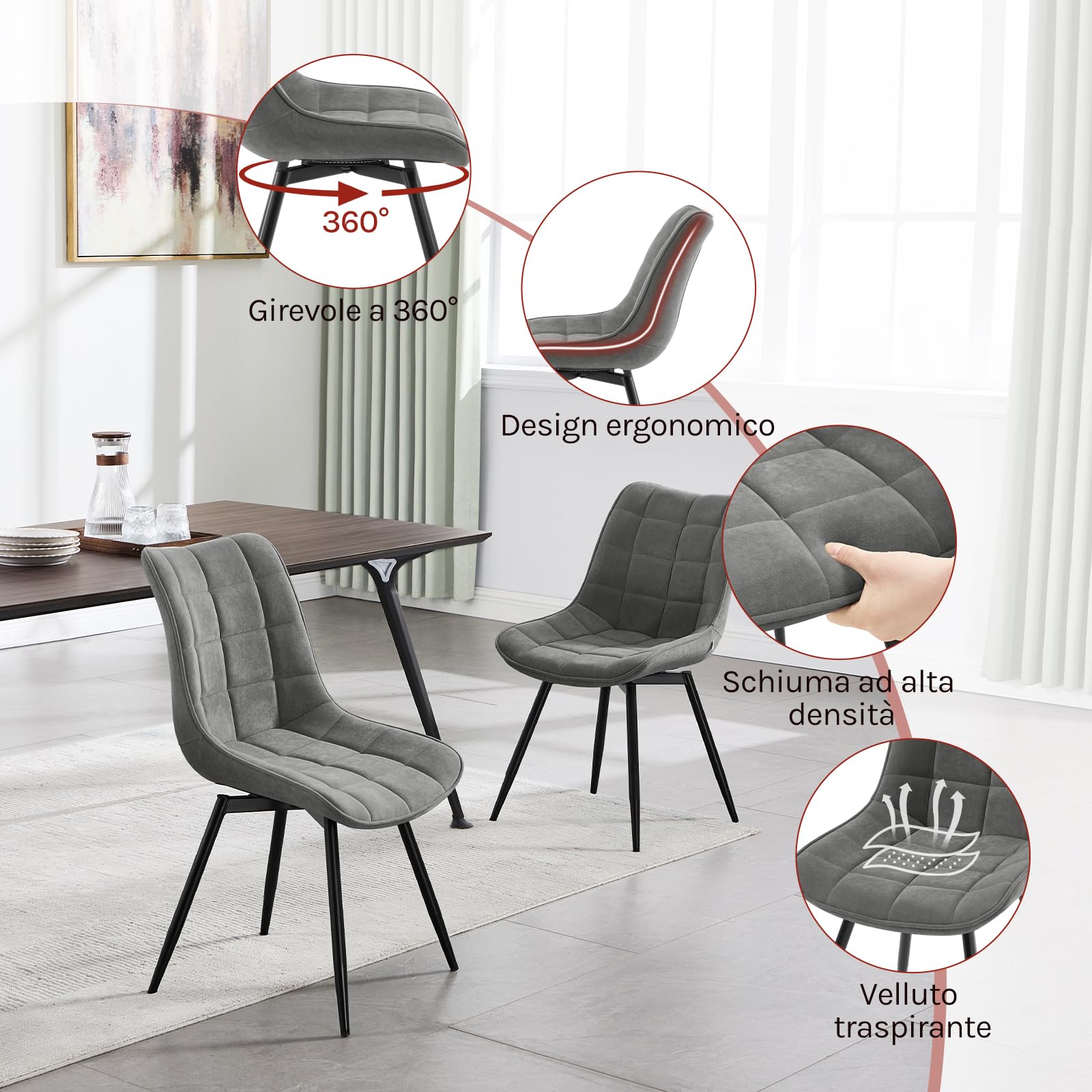 WOLTU Sedie da Pranzo Girevole Set di 4, Sedie da Cucina, con Sedile Imbottito, Schienale Alto, Gambe in Metallo, Tessuto in Velluto, Grigio Scuro