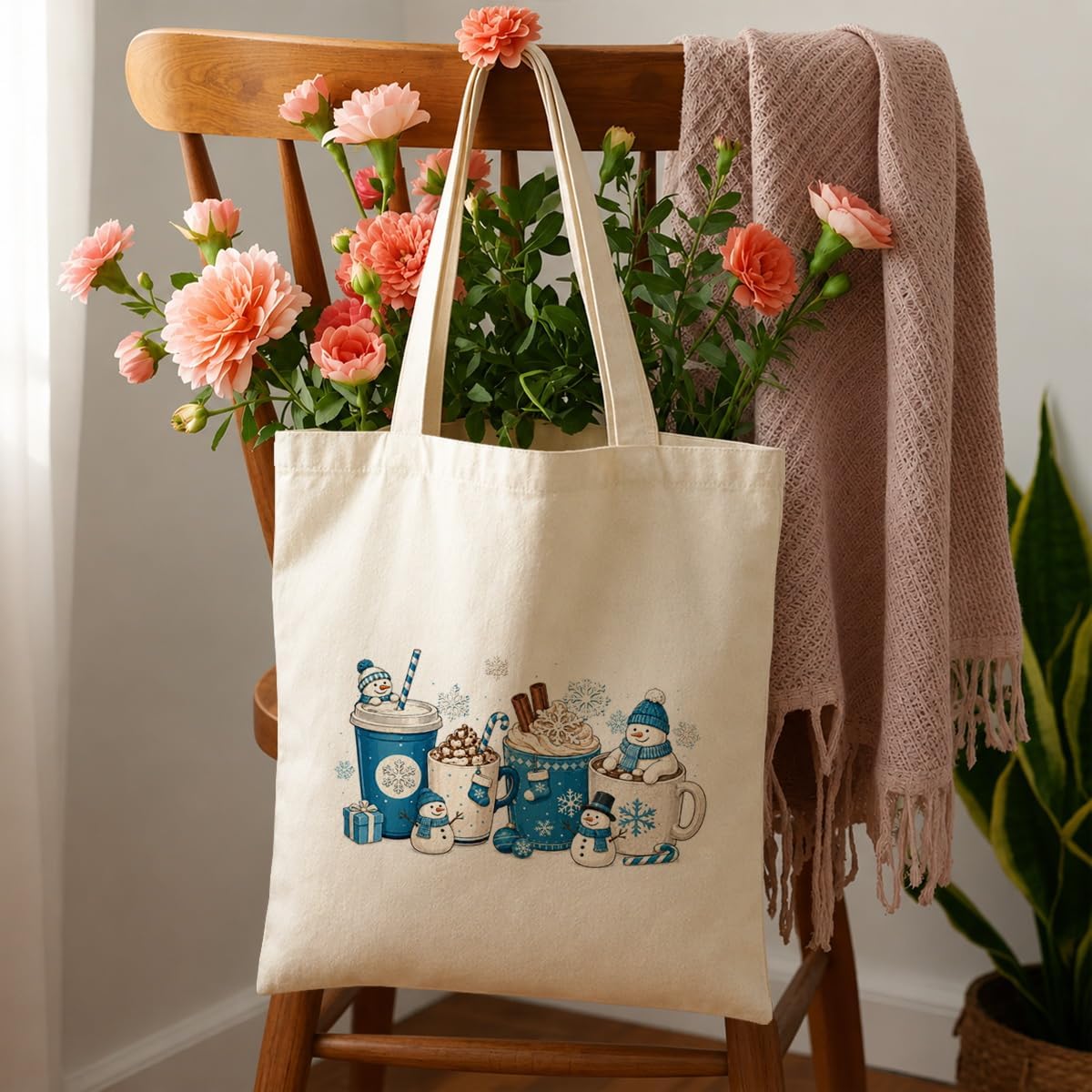 Snowman Coffee Tote Bag, Cozy Winter Mug Christmas Canvas Bag image 5