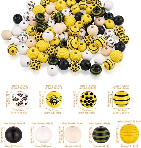 Miniatura 7 de KISSITTY 160 unidadesbolsa de cuentas de madera con tema de abeja de 0.59 a 0.71 pulgadas, cuentas de madera de colores, kit de adornos de cuentas