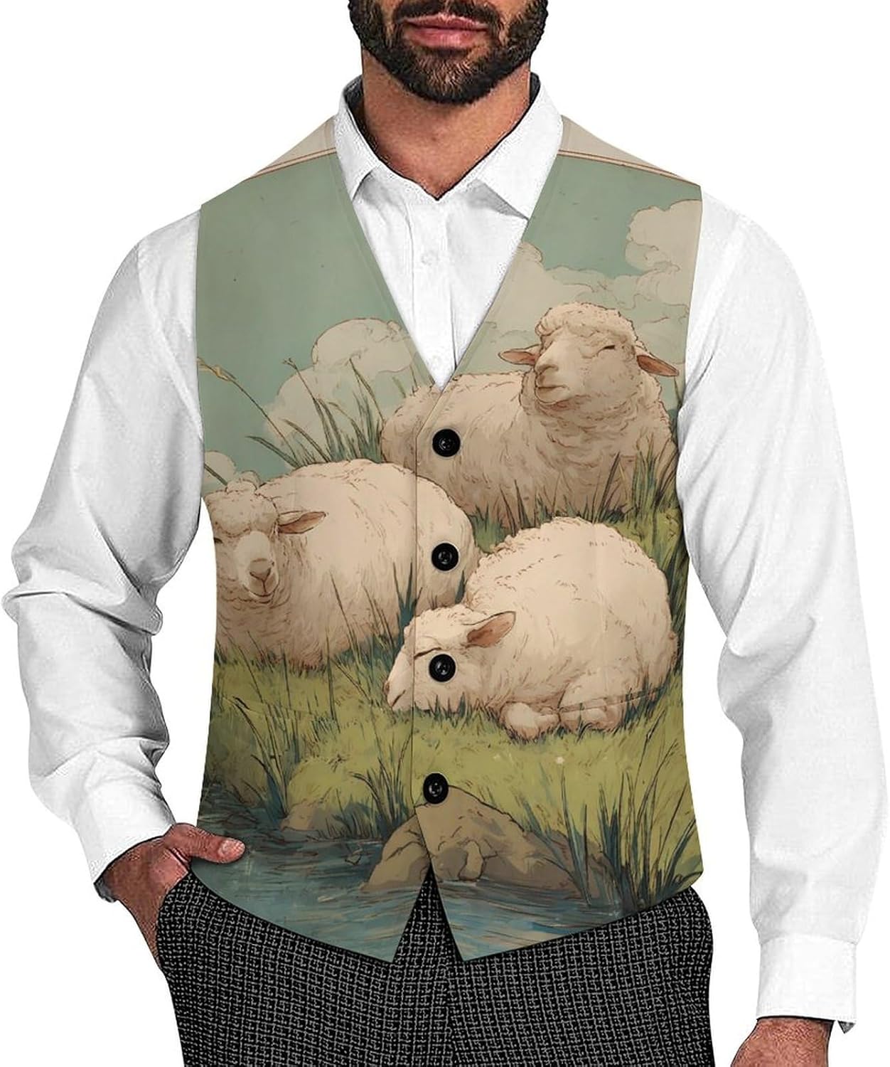 Sheep Laying On Grass Near Water Mens Suit Vest Waistcoat Formal Business Dress Tuxedo Wedding