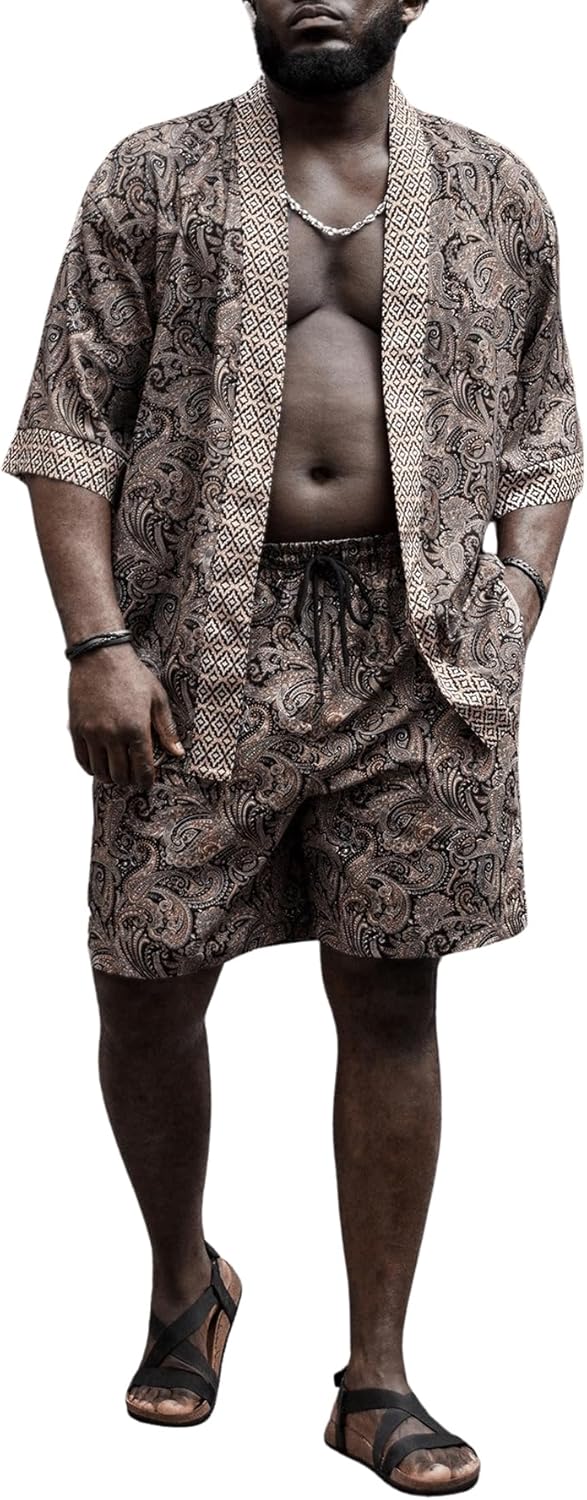 BEAUDRM Men's Plus Size Hawaiian Matching Set Paisley Print Short Sleeve Kimono and Drawstring Waist Shorts Sets