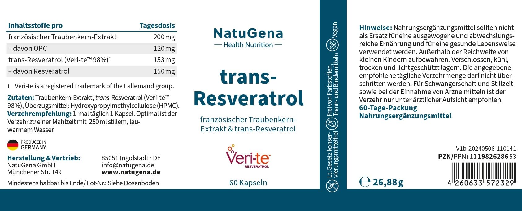 NatuGena trans-Resveratrol - 200 mg Traubenkern-Extrakt davon 120 mg OPC, 150 mg trans-Resveratrol - optimale Verfügbarkeit, bessere Aufnahme durch Rohstoff Veri-te, 60 Kapseln (60 Tage Packung)