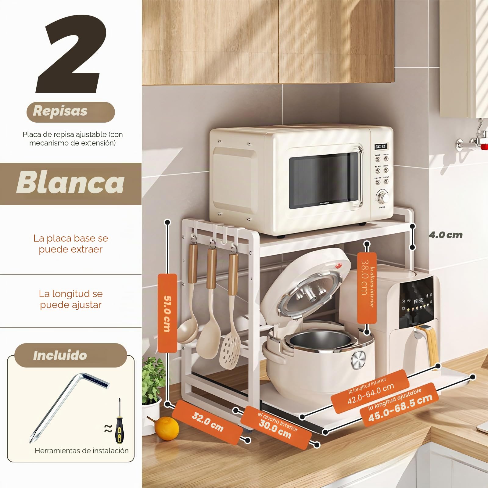 Estante de cocina con 2 niveles, altura ajustable y estante extensible con cajón, acero al carbono, ganchos y ventosas de refuerzo, fácil montaje, color blanco