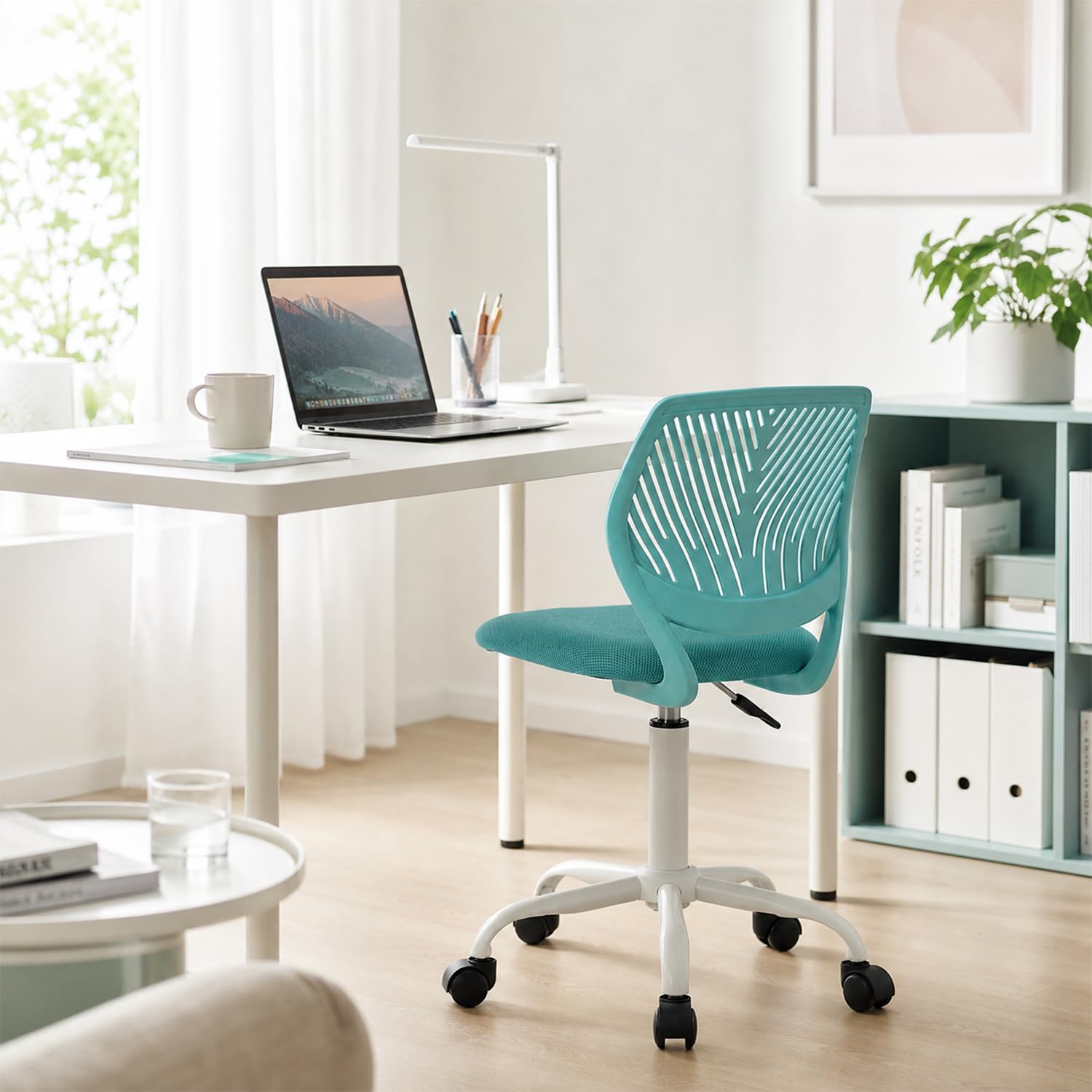 Sedia da ufficio ergonomica in tessuto, 45,5 × 39 × 85 cm, turchese | Girevole senza braccioli, altezza regolabile, comfort schiuma, carico 120 kg, scrivania camera da letto lettura