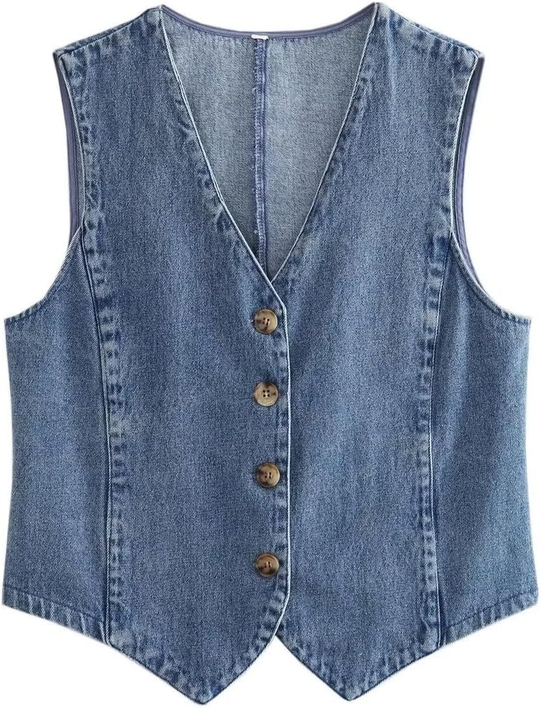 Qkiome Women’s Denim Waistcoat Sleeveless V-Neck Cropped Tank Tops Button Up Jean Vintage Crop Jackets Streetwear