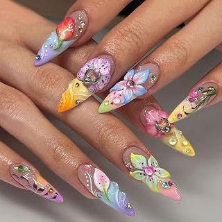Colorful Flowers Rhinestone Press on Nails Long Almond Fake Nails with Designs 3D Gems Full Cover Artificial Nails French Tip Glue on Nails Spring Summer Acrylic Nails for Women Girls Manicure 24Pcs