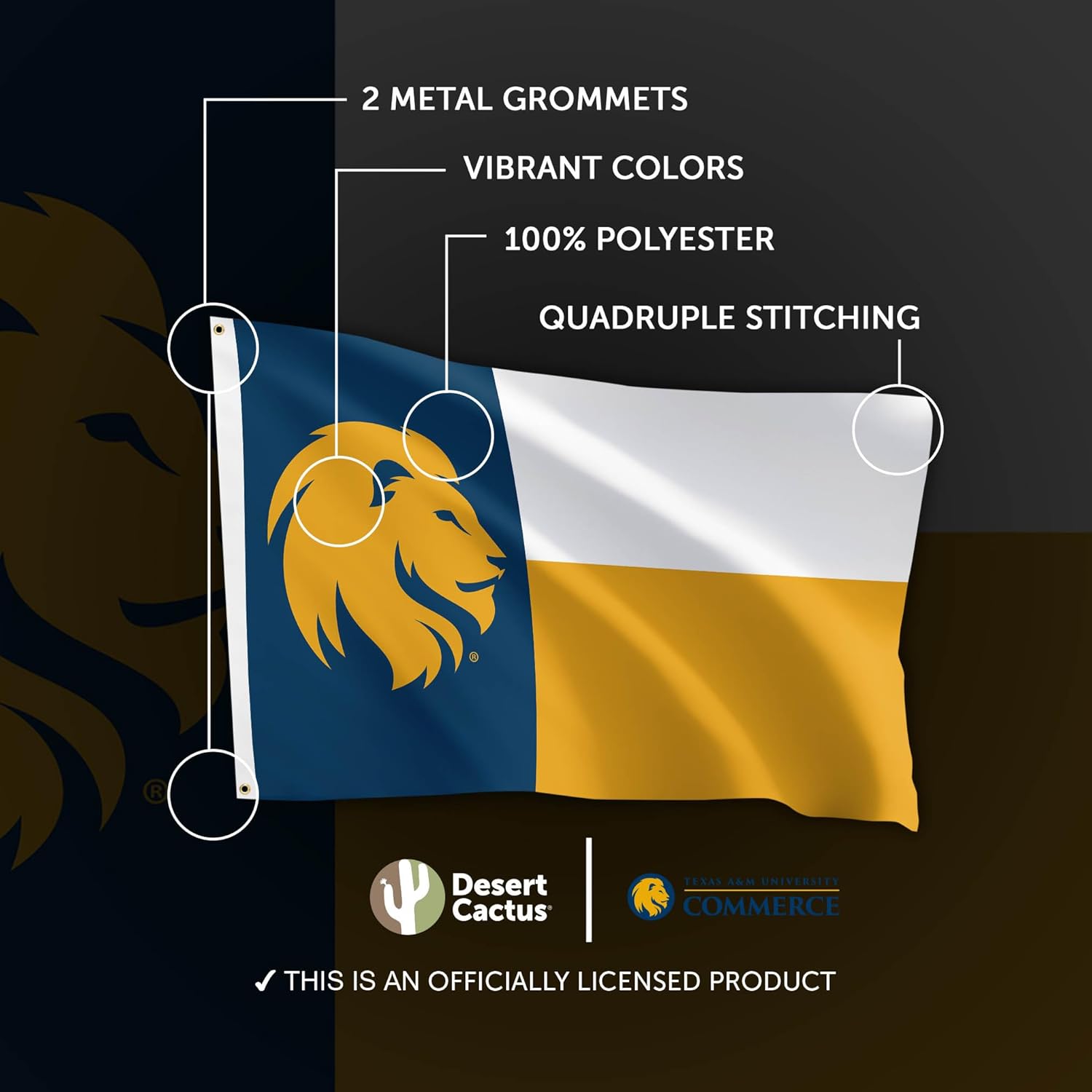 Desert Cactus Texas A&M University Commerce TAMUC Flag - 3 x 5 Feet Lions Banner, Indoor/Outdoor Durable Fabric, 100% Polyester Design (Style A)