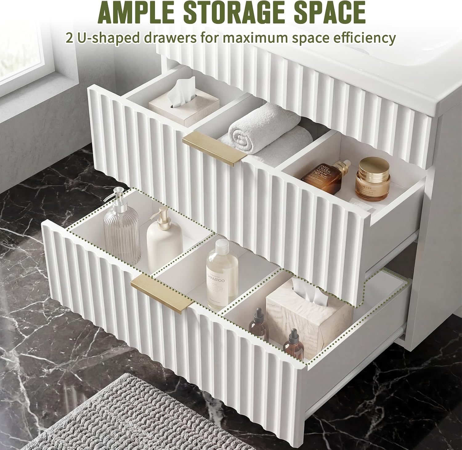 24 Inch Floating Bathroom Vanity with Sink, Modern Wall Mounted Vanity with Ceramic Sink, 2 Large Storage Drawers w/Gold Handles & Smooth Glide Motion, White
