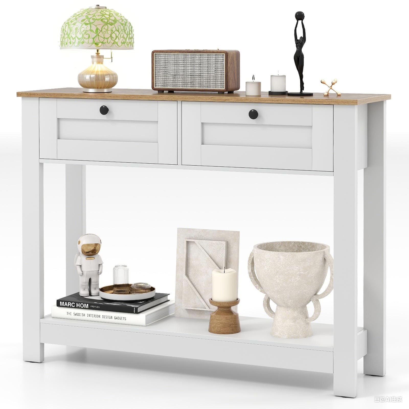 LIFEZEAL Tavolo Consolle, Console Bianca in Legno, Tavolo d’Ingresso a 2 Ripiani, con 2 Cassetti, Antiribaltamento, Moderno, Corridoio, Entrata, Soggiorno, Dietro Divano, Max 80 kg, 106x30x81,5 cm