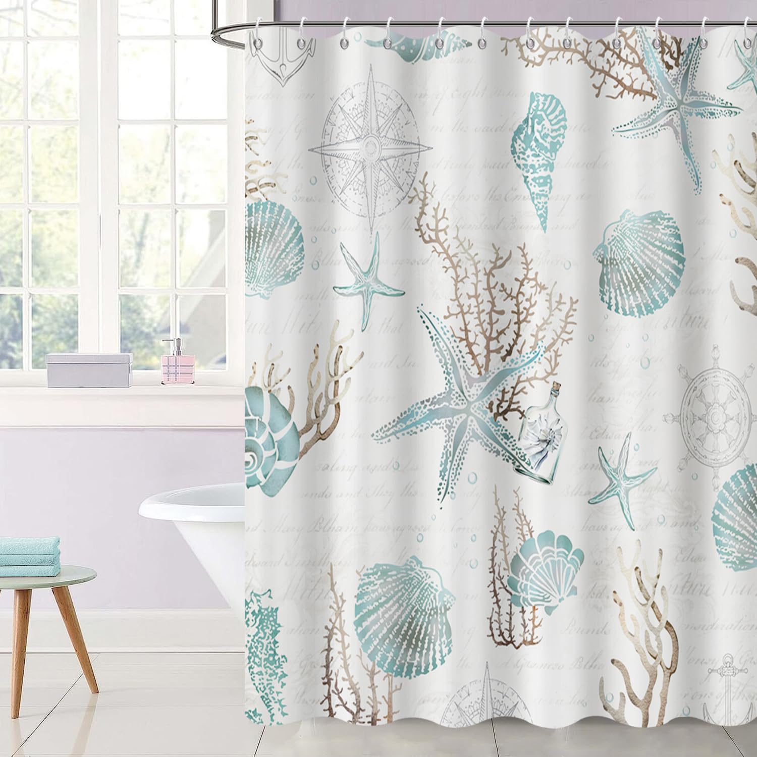 Rideau de douche anti-moisissure en tissu imperméable beige 180x180 cm avec anneaux