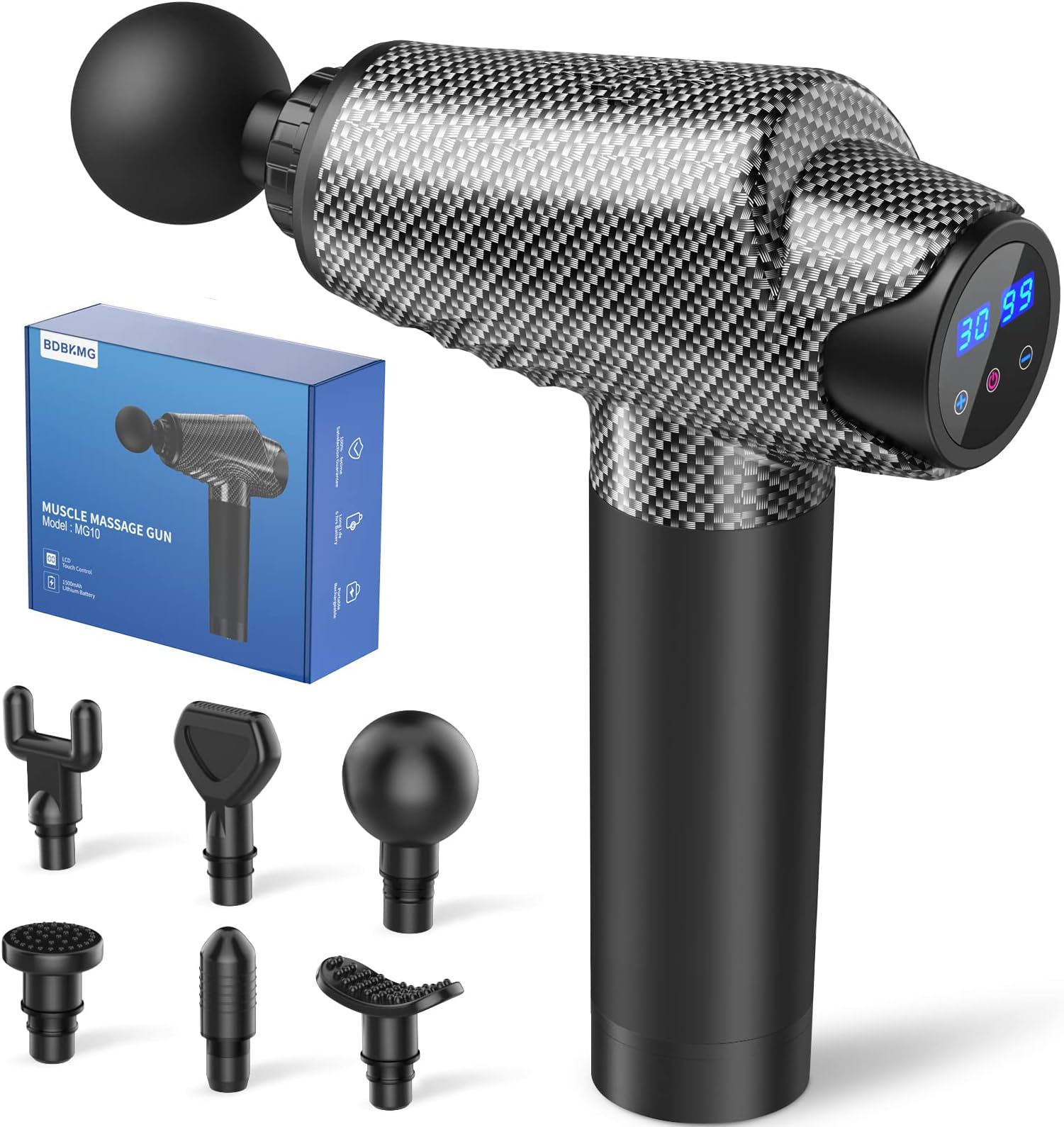 Muscle Massage Gun, Massager Gun Deep Tissue with 30 Adjustable Speeds, Portable Percussion Body Muscle Massager for Pain Relief, 6 Heads Powerful Massage Gun, LCD Touch Screen - Carbon Black