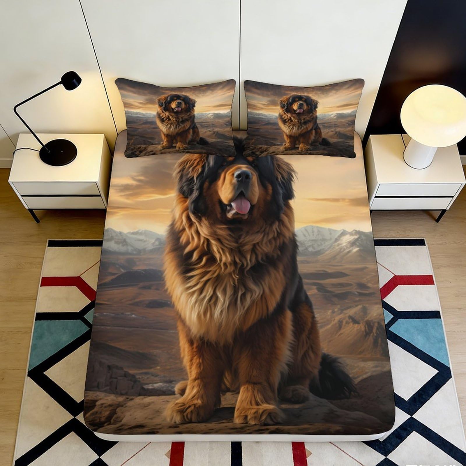 3D Printed Tibetan Mastiff Fitted Sheet Microfiber Soft Dog Mountain Bed Cover for Bedroom Living Room Decor 90x200x25cm