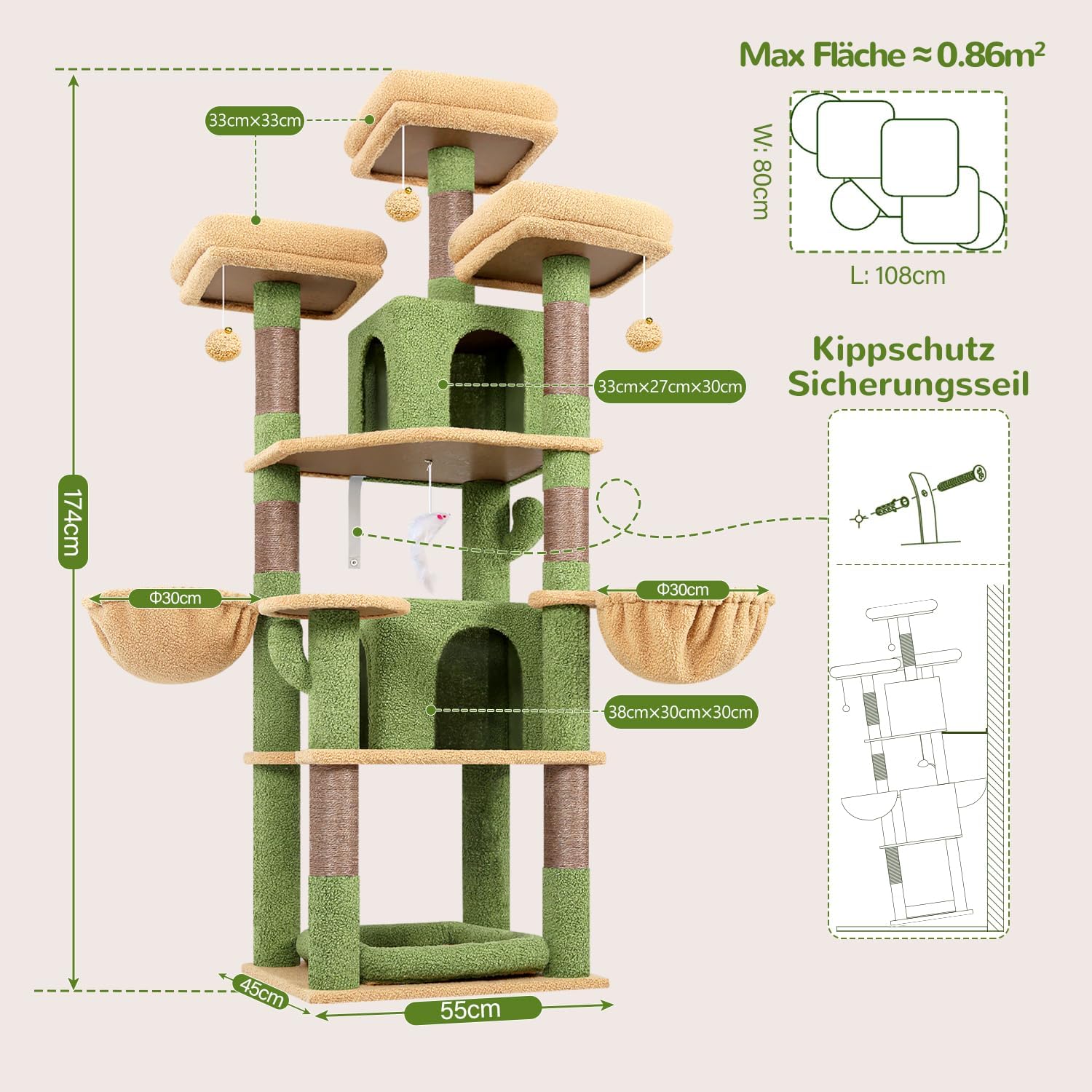 Globlazer Scratching Post, Green, Cactus, Sturdy, 174 cm, with 3 Padded Perches, 2 Cat House, 2 Baskets, Removable Pet Bed, Sisal Posts, Castle Cat Tree for 2-4 Adult Cats (F68B, Green) 174cm Green