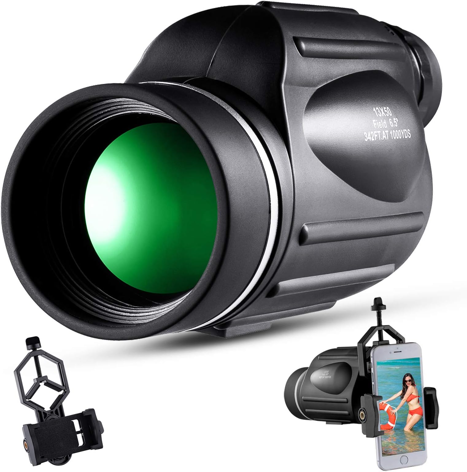 BNISE 13X50 High Power Monocular, for adults Bright and Clear Field of View, Waterproof, Anti-fog, Bird Watching or Wildlife Observation, with Distance Indicator, Smartphone Adapter