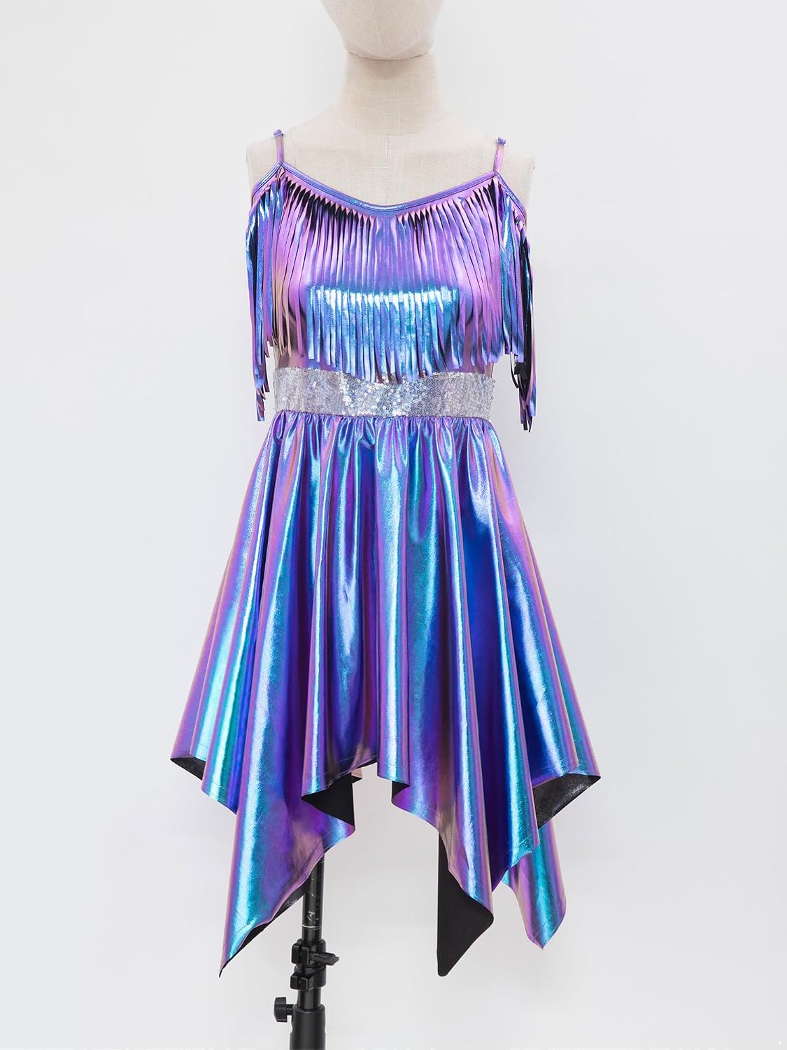 Alvivi Women Metallic Shiny A-line Dress Tassel Decor Waistline Irregular Hem Dress Disco Party Dance Dresses