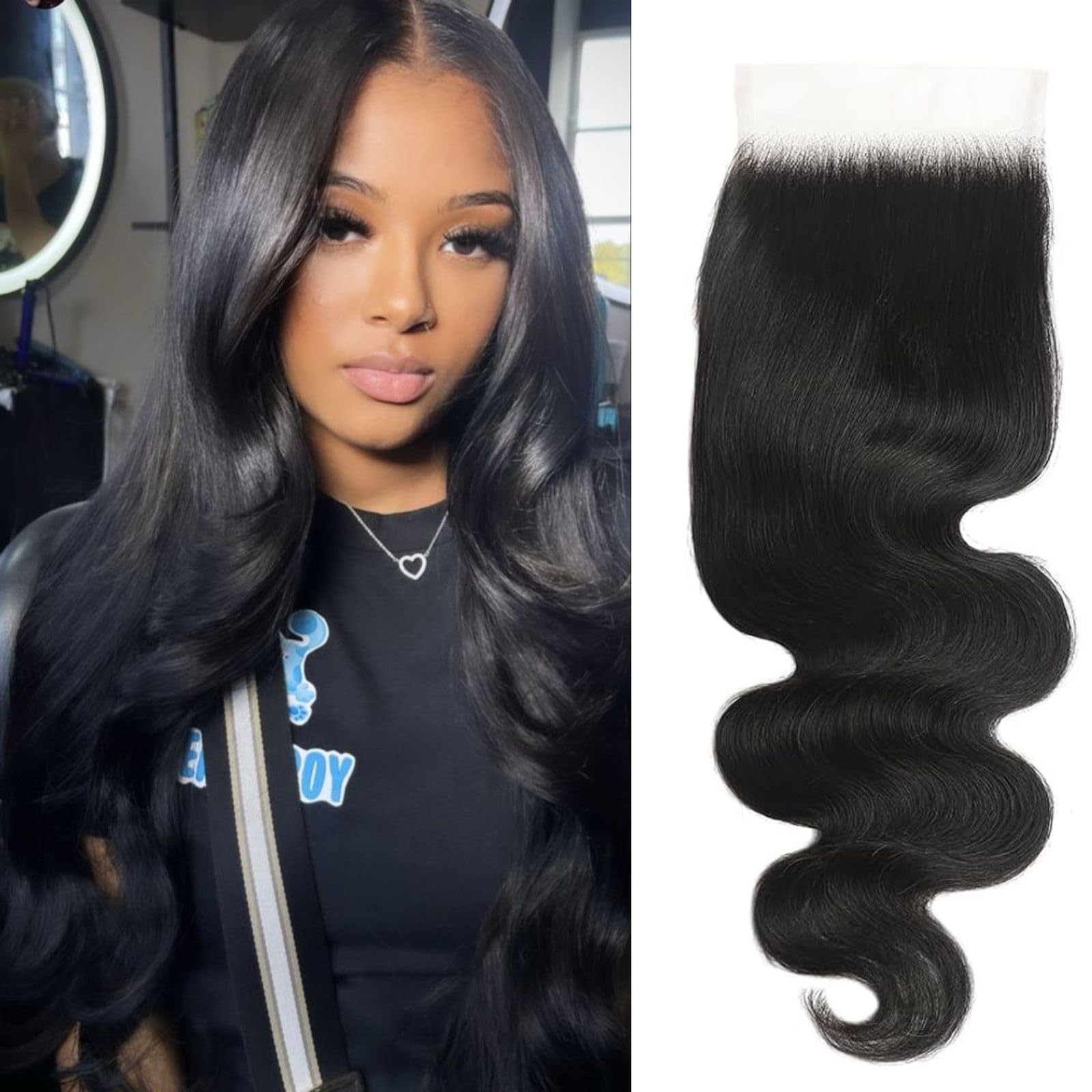 4x4 HD Lace Closure Human Hair Body Wave for Black Women - 12A Virgin Remy Human Hair Extension, Pre Plucked, Natural Black, 14 Inch