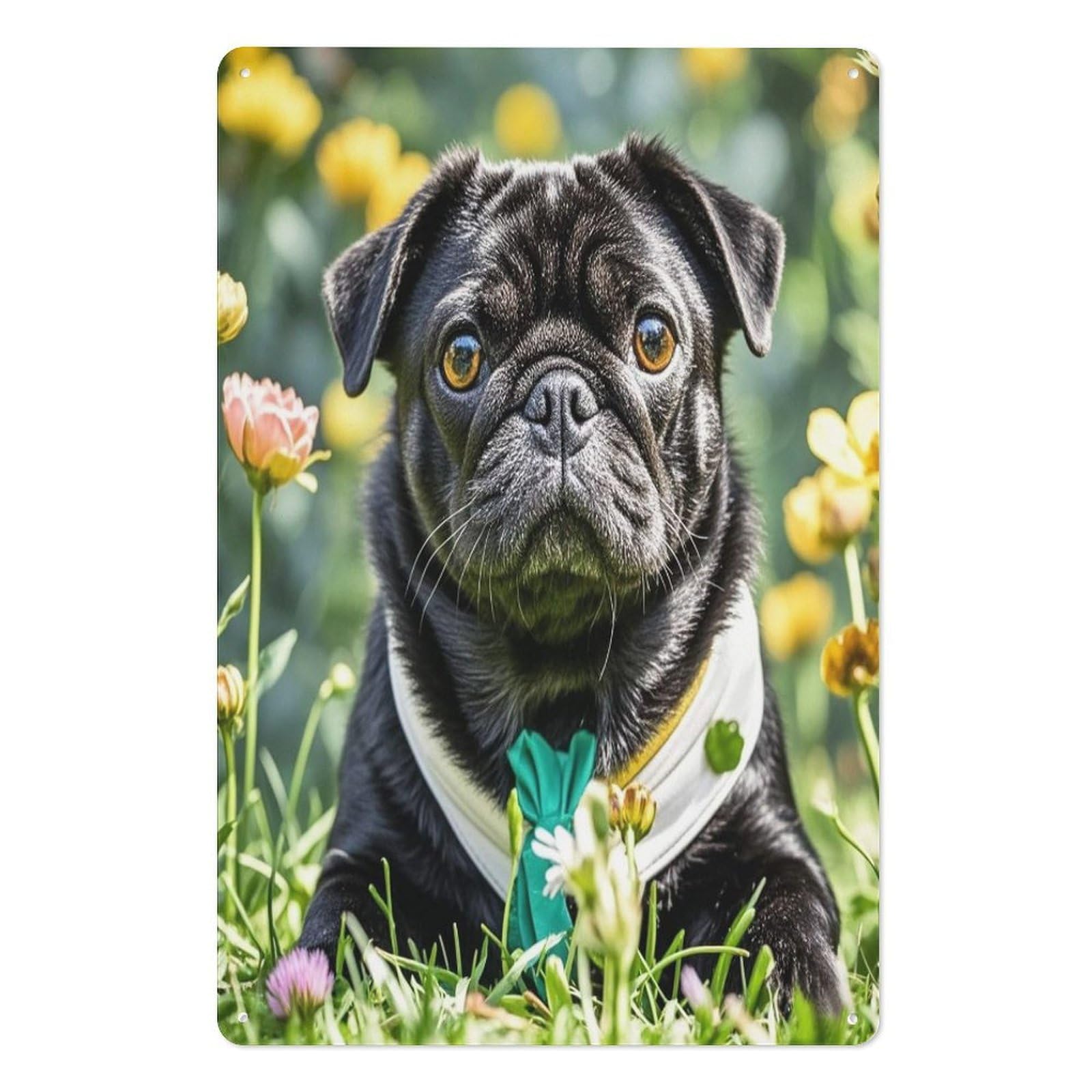Cute Black Pug Dog Tin Sign Novelty Vintage Wall Art for Home Farmhouse Decor Metal Signs Classical Tin Hanging Picture for Yard Hotel Living Room 11.8x7.8 Inches