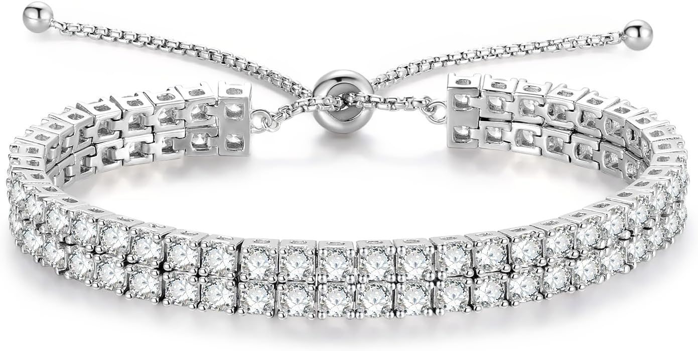 FANCIME Sterling Silver 2 Row Tennis Bracelet 3mm Cubic Zirconia Bolo Bracelet Fine Jewelry Gifts for Women