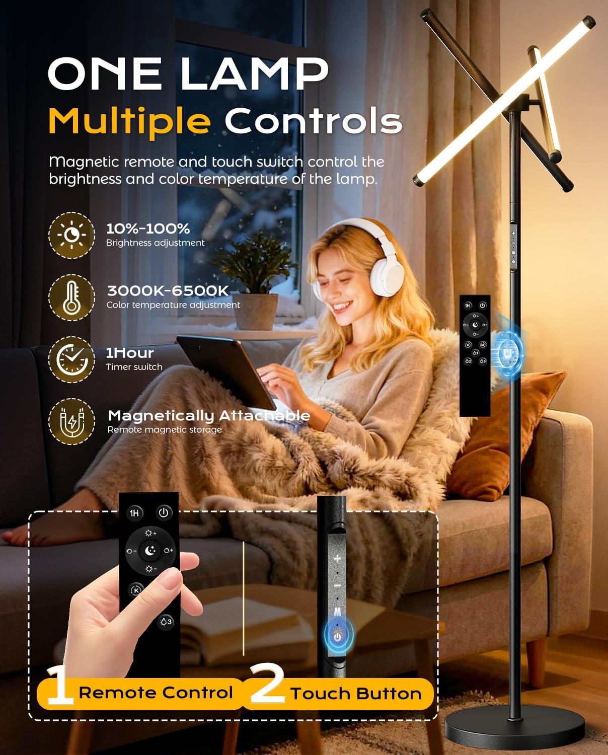 Modern LED Dimmable Floor Lamp, Black Tall Standing Lamp for Living Room Bedroom with 3 Rotatable Lamp Bars, 70'' Bright Stepless Dimmable LED Tree Floor Light Remote Control
