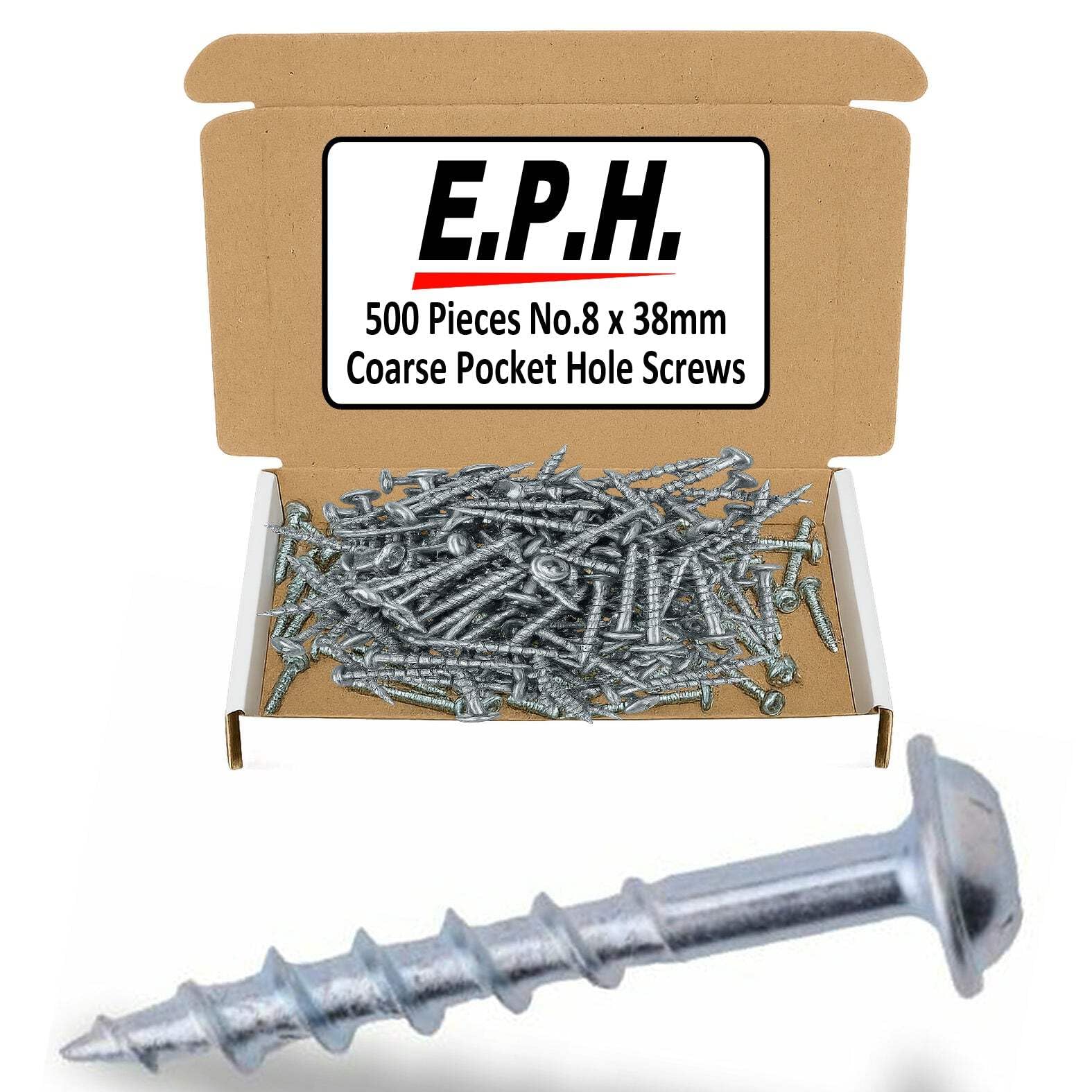 E.P.H. Pocket Hole Screws, No.8 x 38mm, Pack of 500, Coarse Self-Cutting Thread, Square Drive