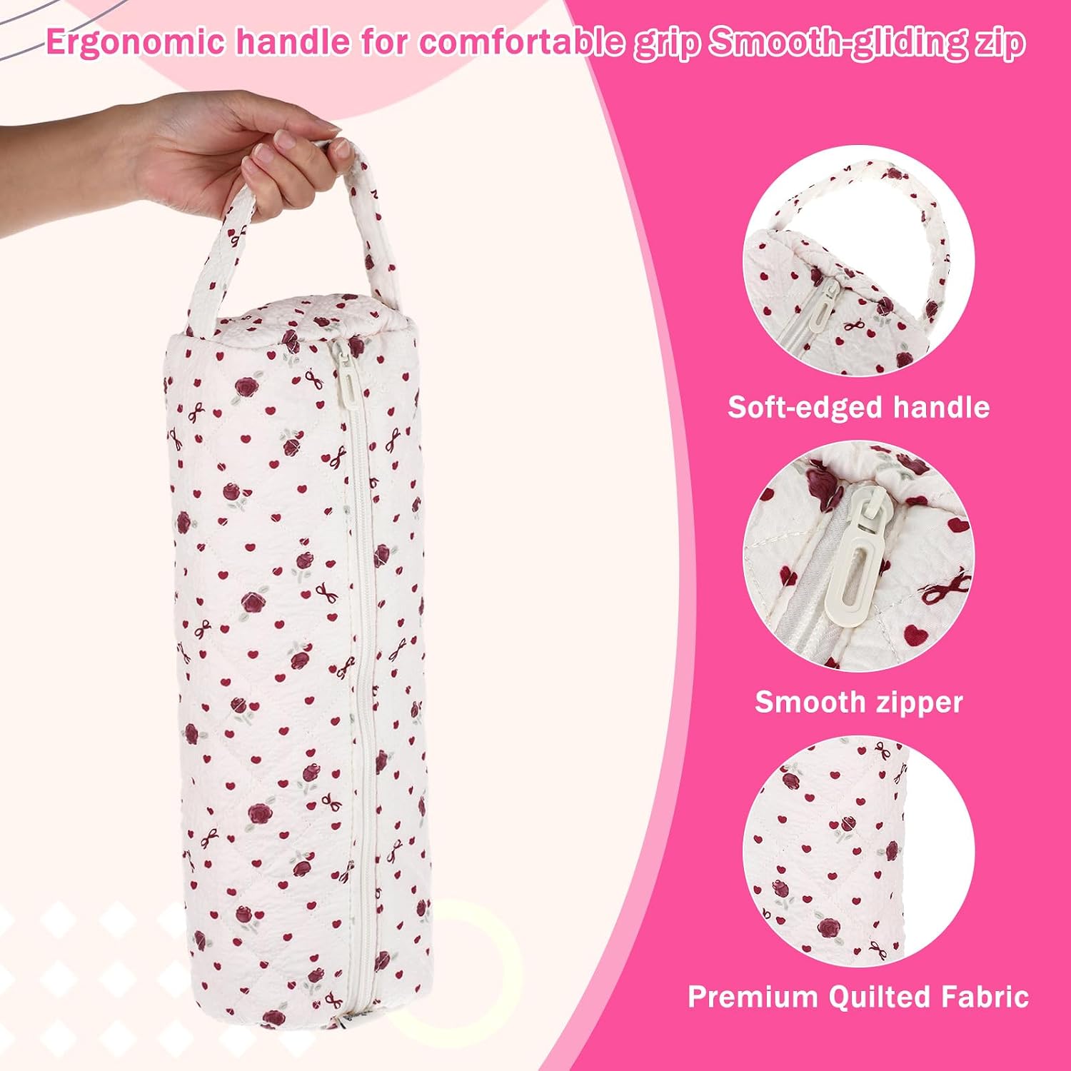 Amaxiu Quilted Hair Tools Travel Bag with Bow Pattern, Portable Hot Tools Organizer for Curling Iron Flat Iron Hair Dryer, Blow Dryer Bags, Travel Bag for Hair’s Tool, 14.2x4.7x3.1in
