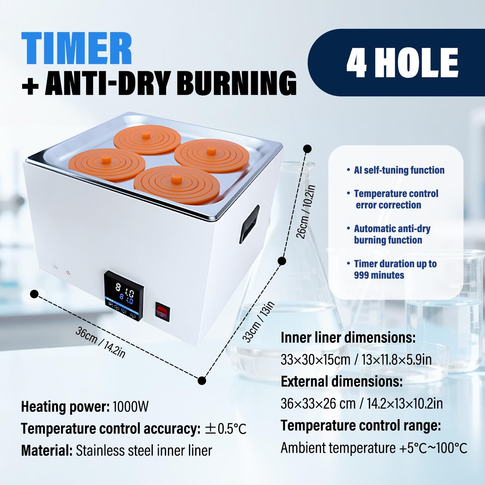 Baño María Digital Laboratorio, Equipo De Calentamiento Científico Con Temperatura Estable, Acero Inoxidable Y Temporizador De 999 Minutos Para Laboratorio(4 Hole)
