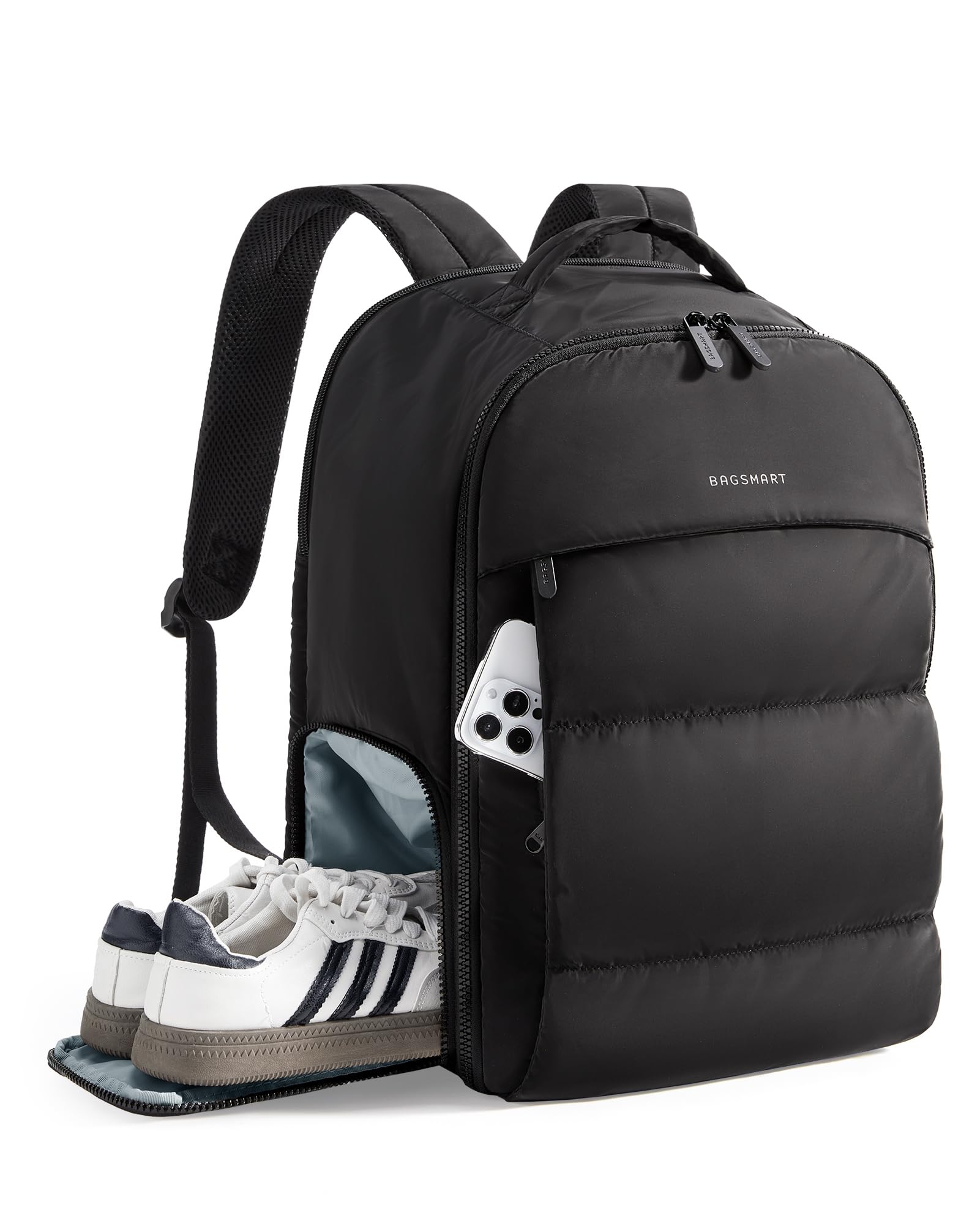 bagsmart Zaino da viaggio da donna, 30 l, zaino da viaggio per aerei, zaino da palestra con scomparto per scarpe, borsa da viaggio leggera per 15,6 pollici, impermeabile, Nero