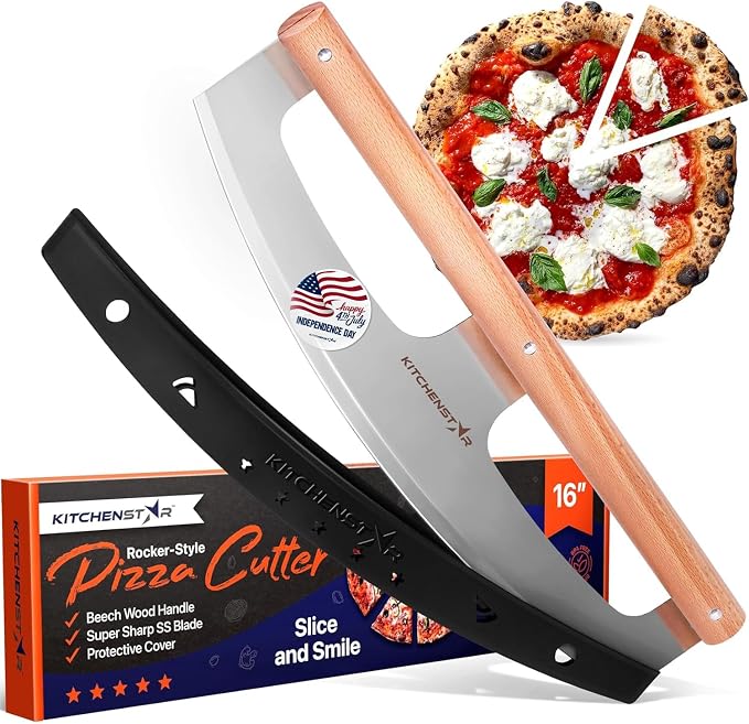 KitchenStar 16-Inch Pizza Cutter Rocker Blade - Razor Sharp Stainless Steel Slicer Knife, Stylish Beech Wood Handle, Protective Cover - Professional Pizza Oven Accessories, Silver