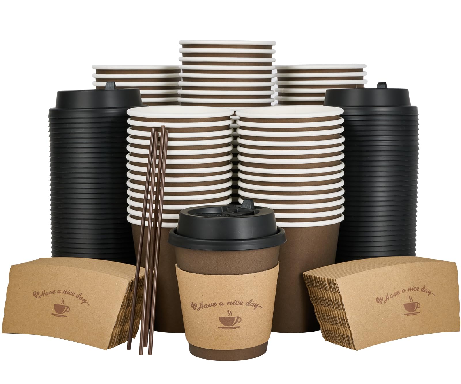 LITOPAK 100 Pack 10 oz Paper Coffee Cups with Lids, Sleeves, and Stirring Sticks for Coffee, Water, or Juice, Browm 10 Ounce Disposable Hot Paper Cups for Cafes, schools, offices, shops