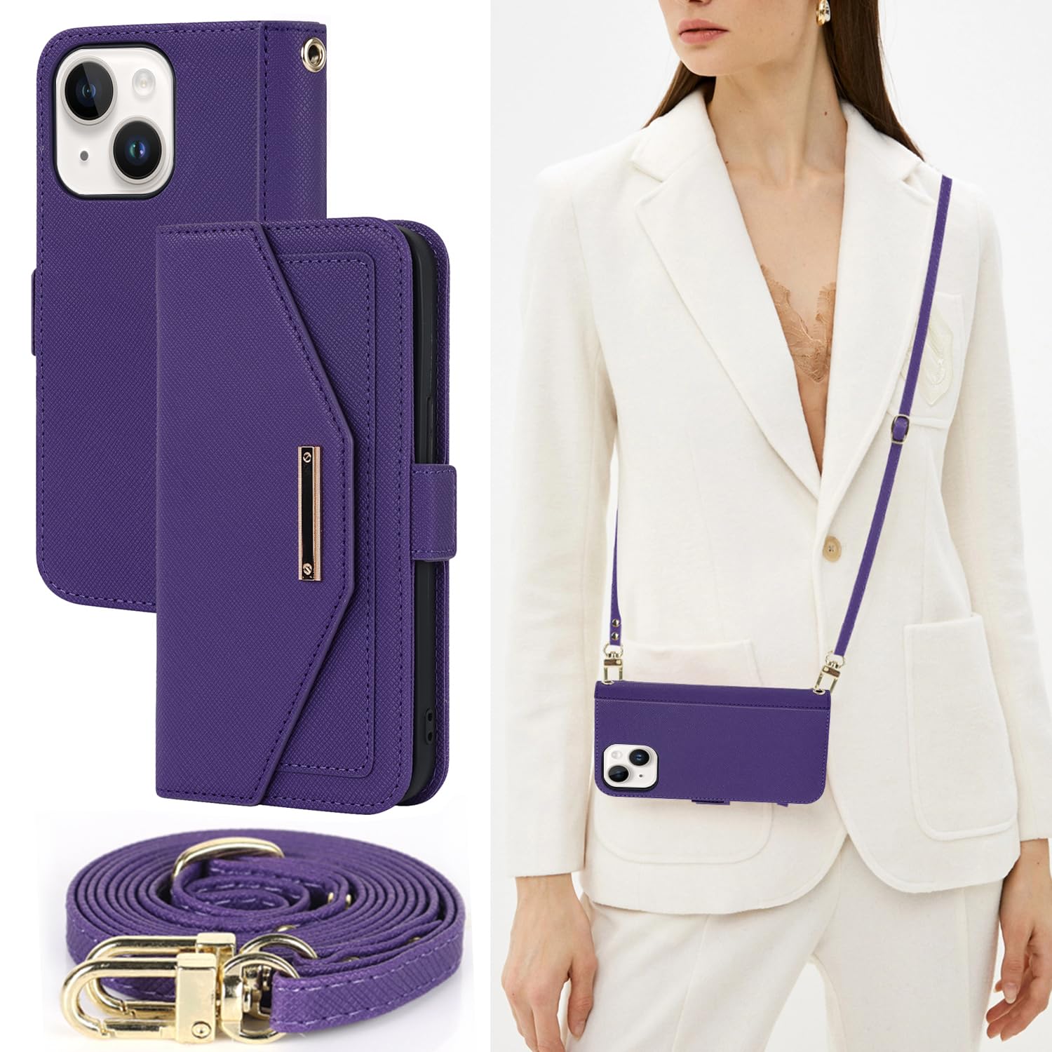 ANSHOW Purple Leather Wallet Case for iPhone 15 Plus, with Adjustable Strap and Built-in Kickstand