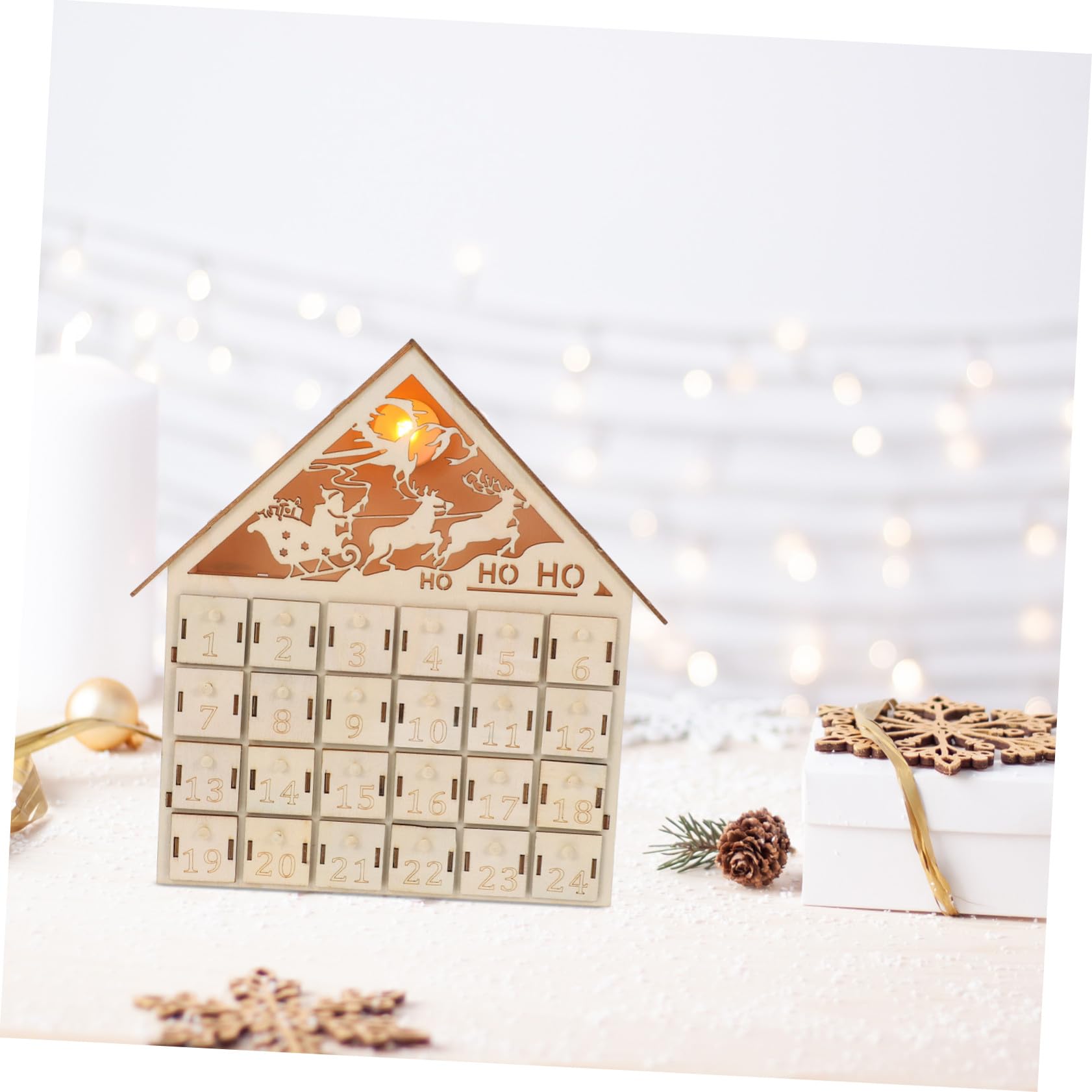 Anneome Holz Adventskalender Tage LED Beleuchtet Nachfüllbar Weihnachtscountdown Rustikales Tischdeko Festliches Dorf DIY Füllbare für Familienfreude