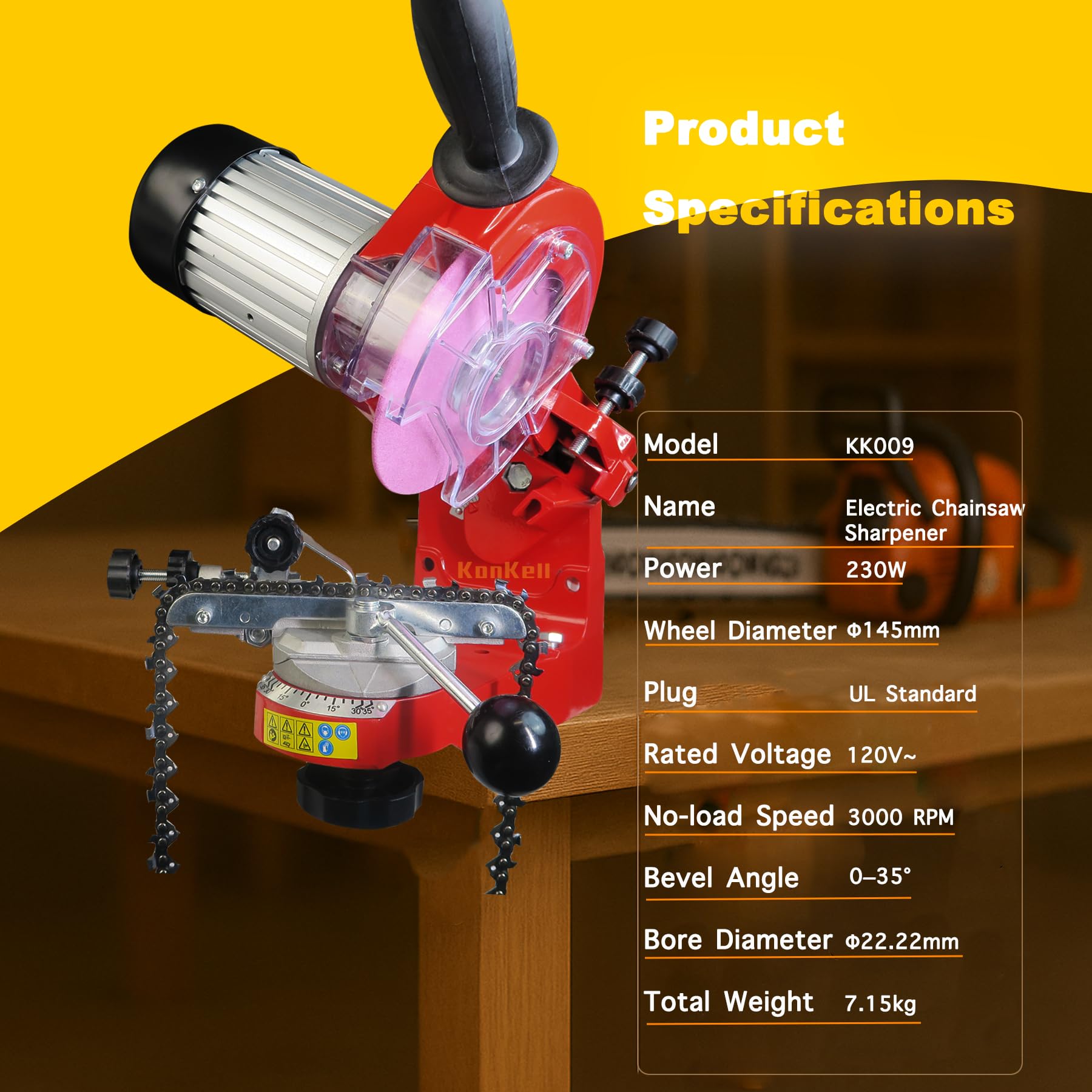 Affilatrice elettrica per motosega da 230 W, motore da 3000 giri/min, giradischi multiangolare, affila catene da 1/4", 0,325", 3/8", 0,40" – Smerigliatrice durevole, precisa ed efficiente