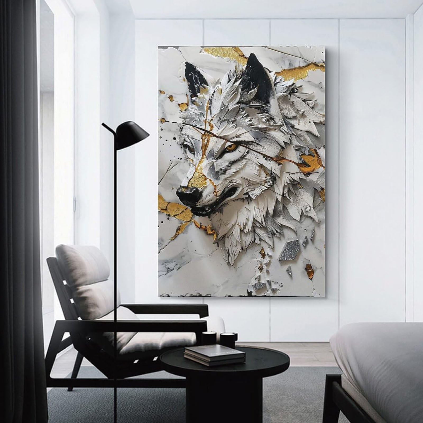 Junmoney Decorative Canvas Print Sculptural Wolf with Marble And Gold Accents, 20x30inch(50x75cm), for Home Office, Desk Area Or Studio, Home Office Artwork with Decorative Appeal
