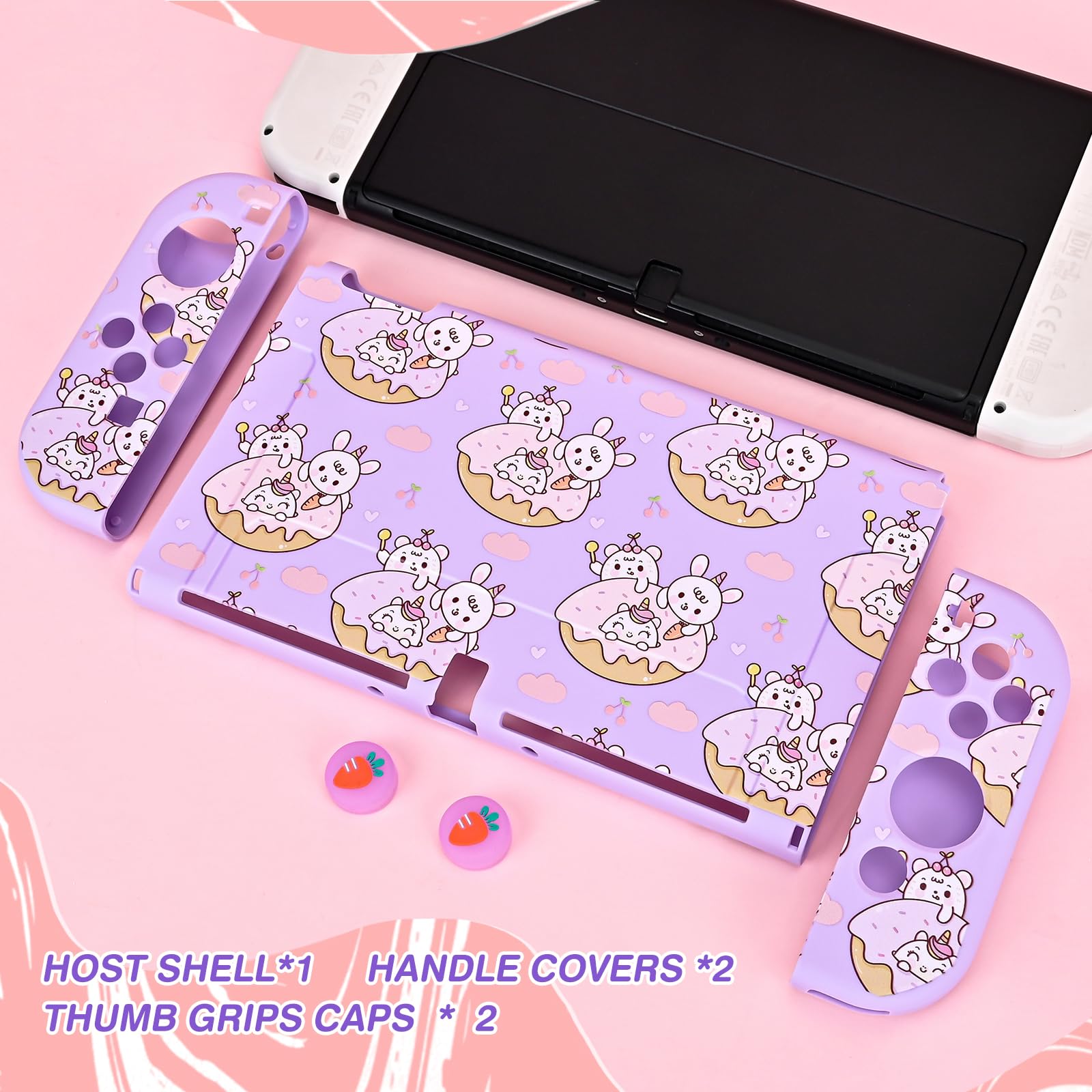 DLseego Custodia protettiva per Switch OLED, adorabile Cover Switch OLED in morbido silicone agganciabile con 2 Joycon cover e 2 Copri levette analogiche luminose,Viola