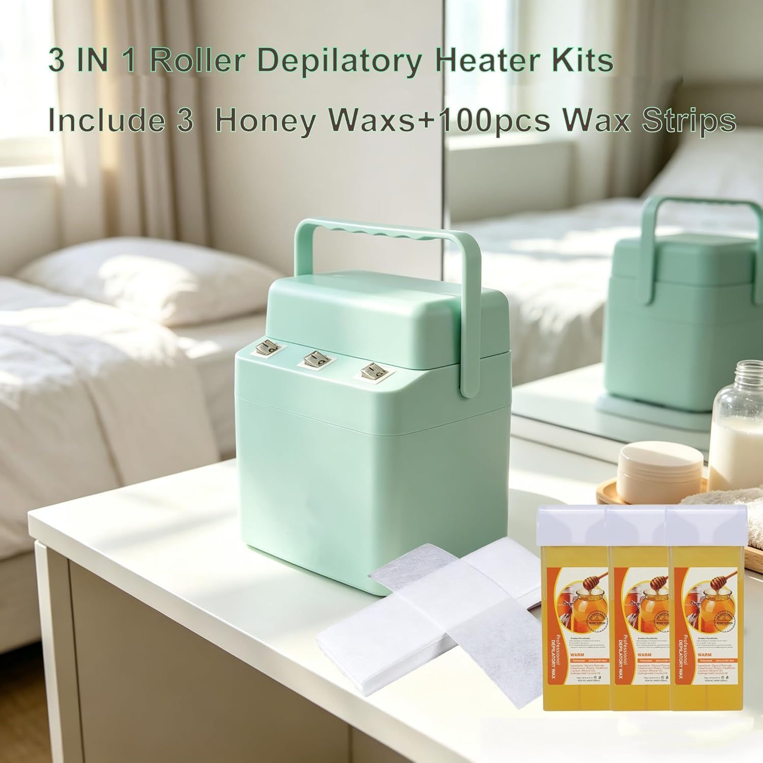 3-in-1-Roll-on-Wachs-Set, schnell aufheizendes Wachsschmelzgerät mit 3 Nachfüllrollen mit Honigwachs, Wachsroller-Heizset für die Ganzkörper-Haarentfernung (Grün, 3 in 1)