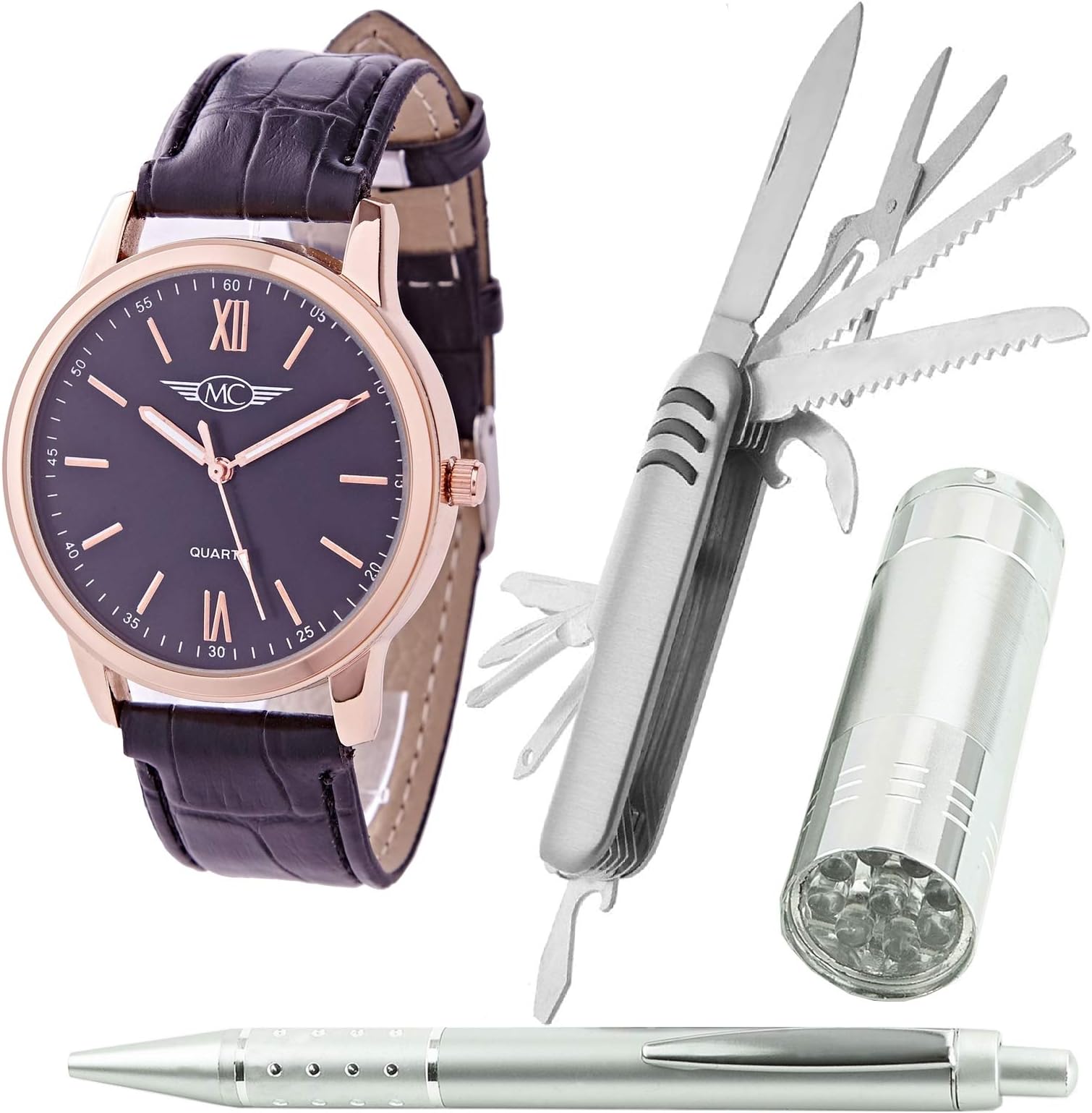Montre-Concept CCL1146-NOIR-OR-ROSE Men's Watch Gift Box with a Multi-function Knife, a a torch and a pen