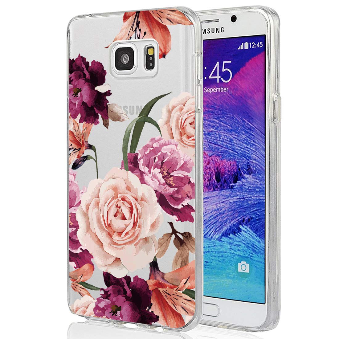 for Galaxy Note 5 Case, Note 5 Case for Girls, Clear Soft Flexible TPU Watercolor Flowers Floral Printed Back Protective Cover for Samsung Galaxy Note 5 Purple Flower