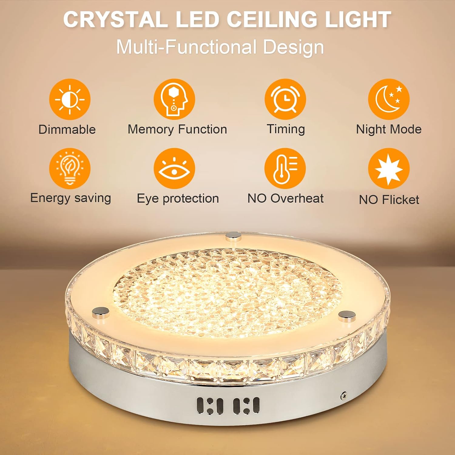 Depuley 18W LED Crystal Flush Mount Ceiling Light with Remote, 11-Inch Modern Dimmable Close to Ceiling Lights Fixtures with 3000K-6000K for Kitchen, Bedroom, Hallway, 1440LM 3 Color Changeable