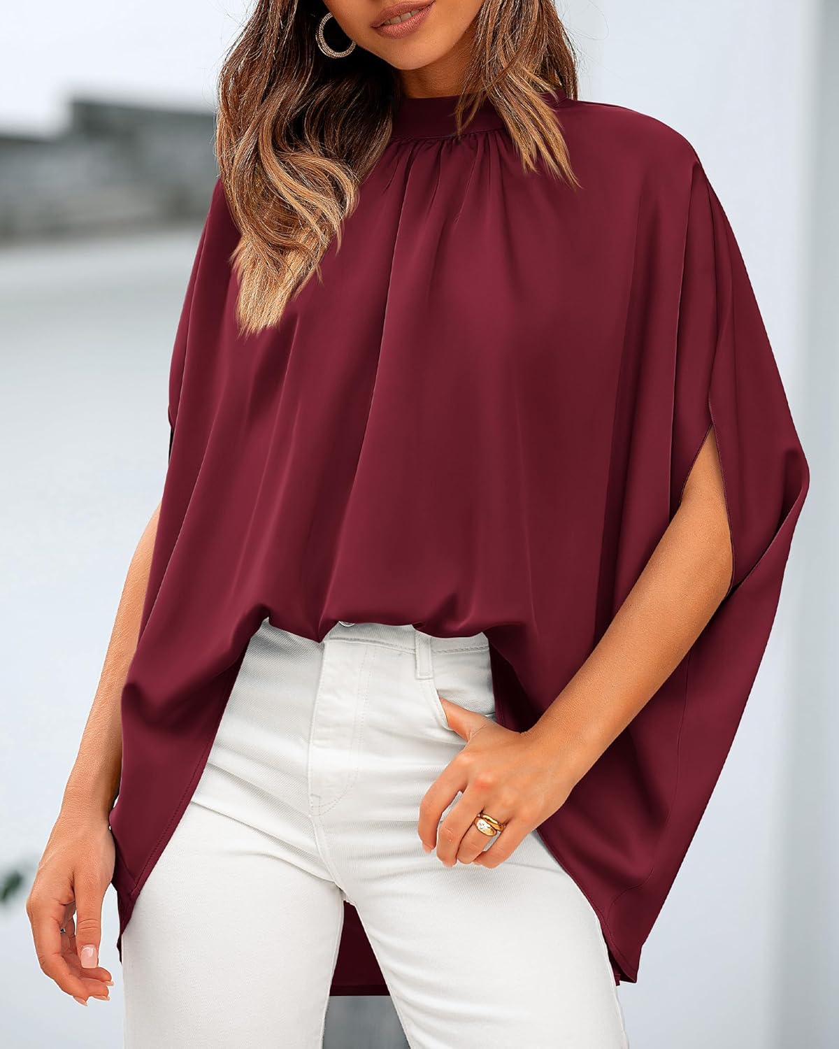 BTFBM Womens Summer Tops 2026 Mock Neck Batwing Sleeve Silk Satin Shirts Loose Oversized Dressy Casual Spring Blouses - Image 6